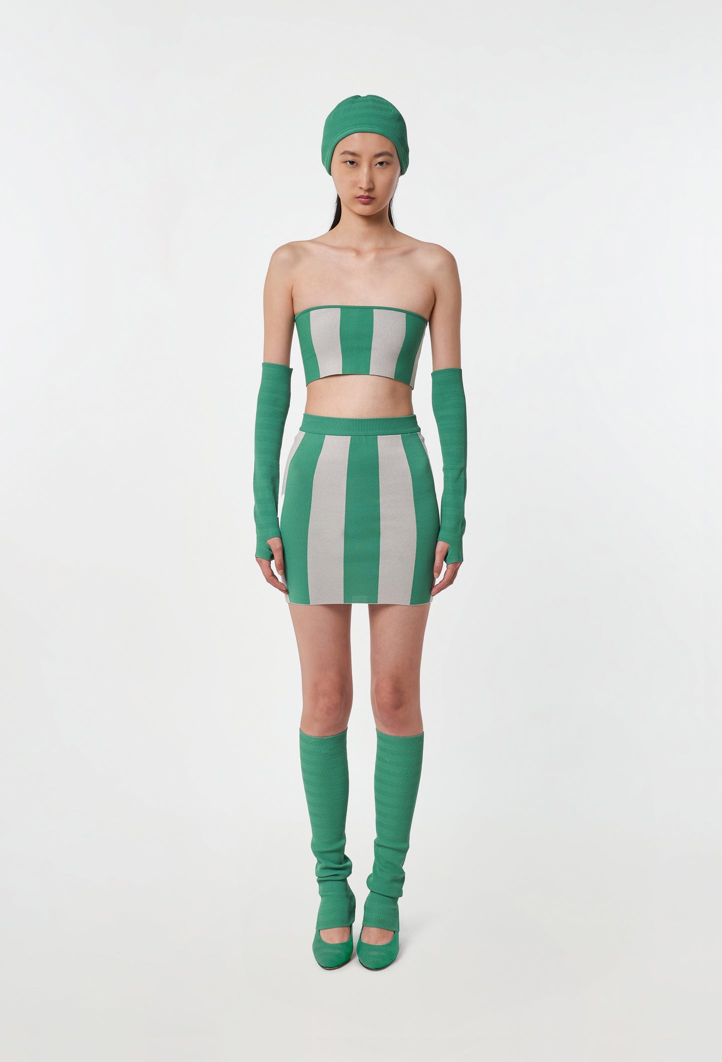 Knit Striped Bandeau Top in Green and Silver