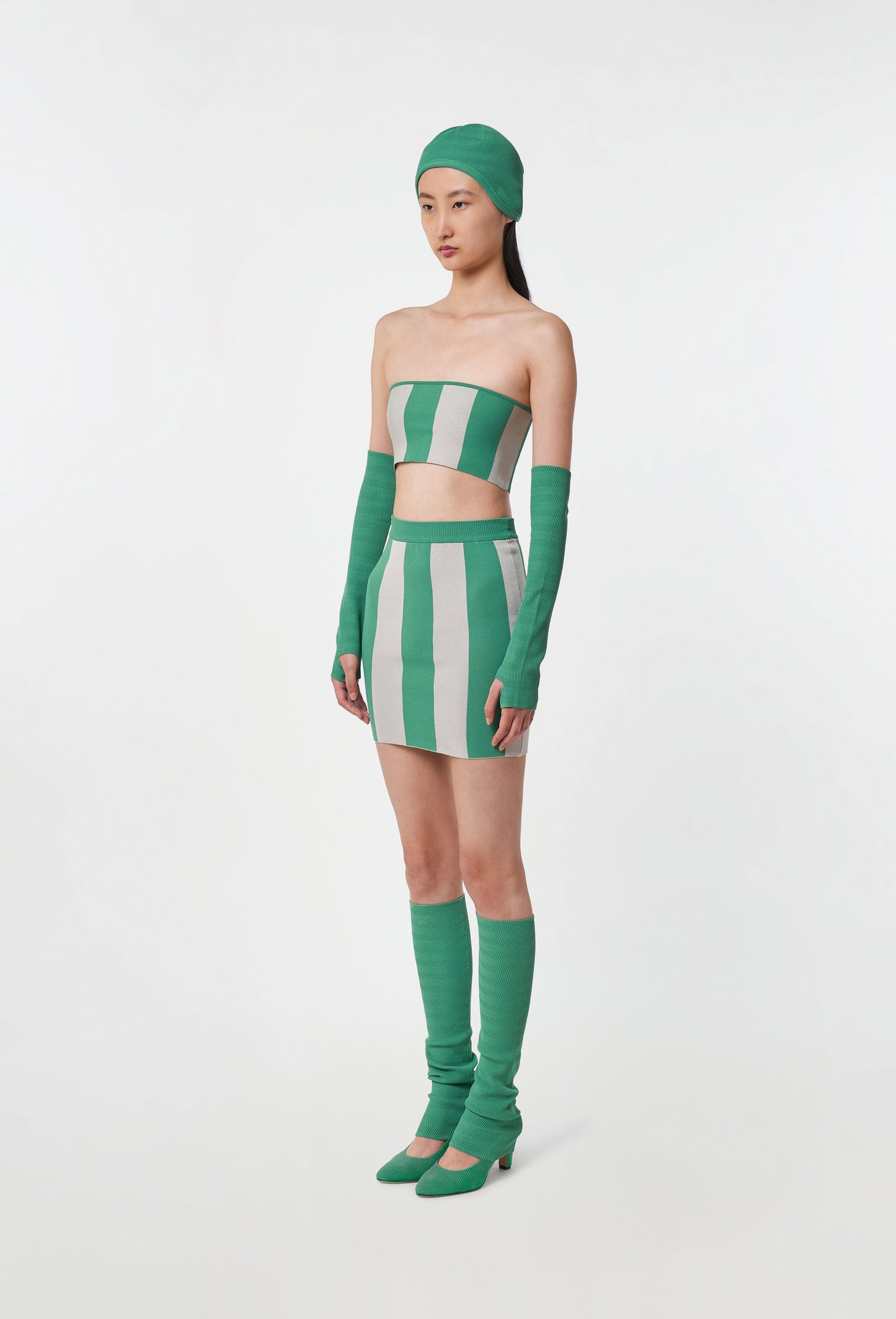 Knit Striped Bandeau Top in Green and Silver