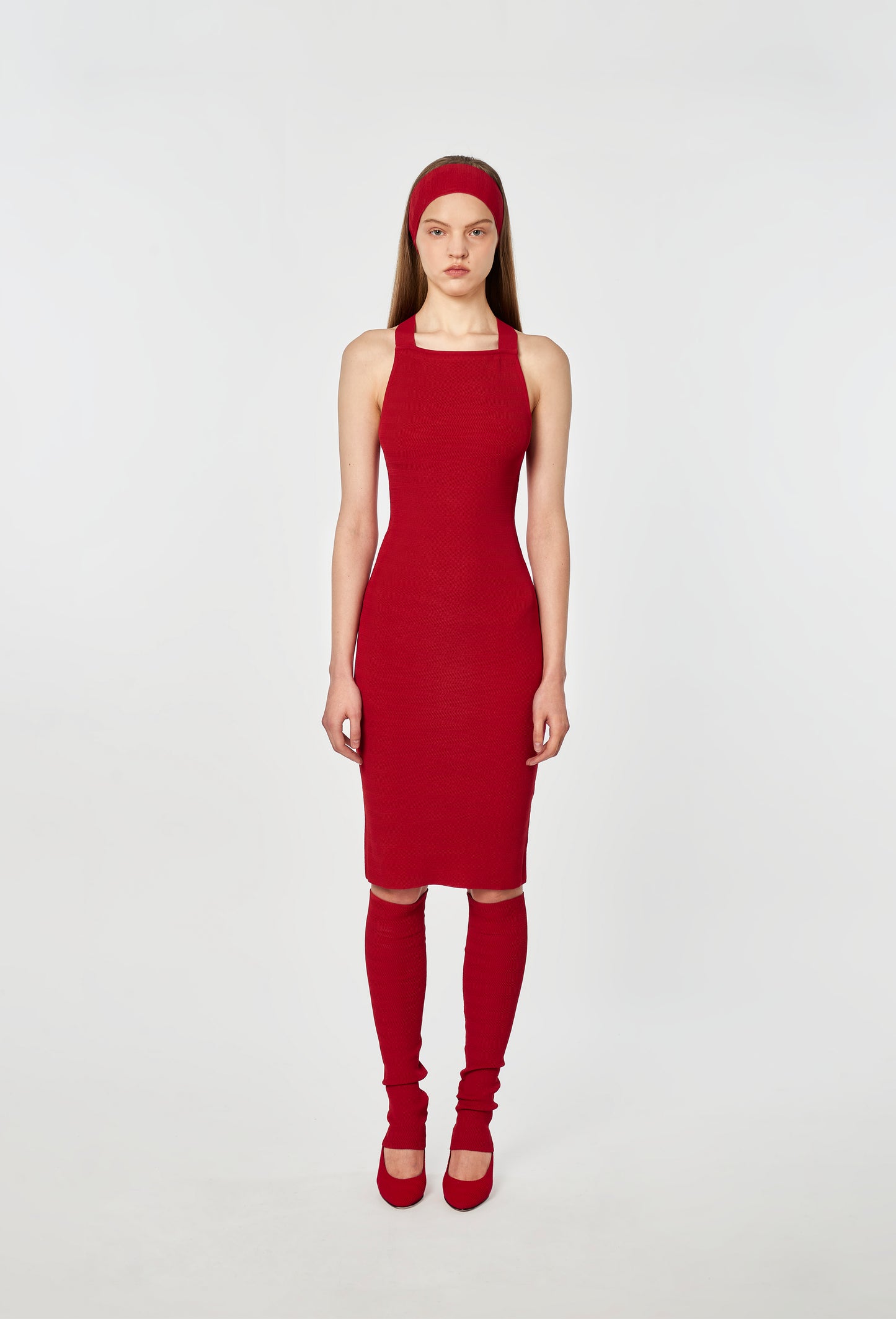 Knit geometric rib dungaree dress