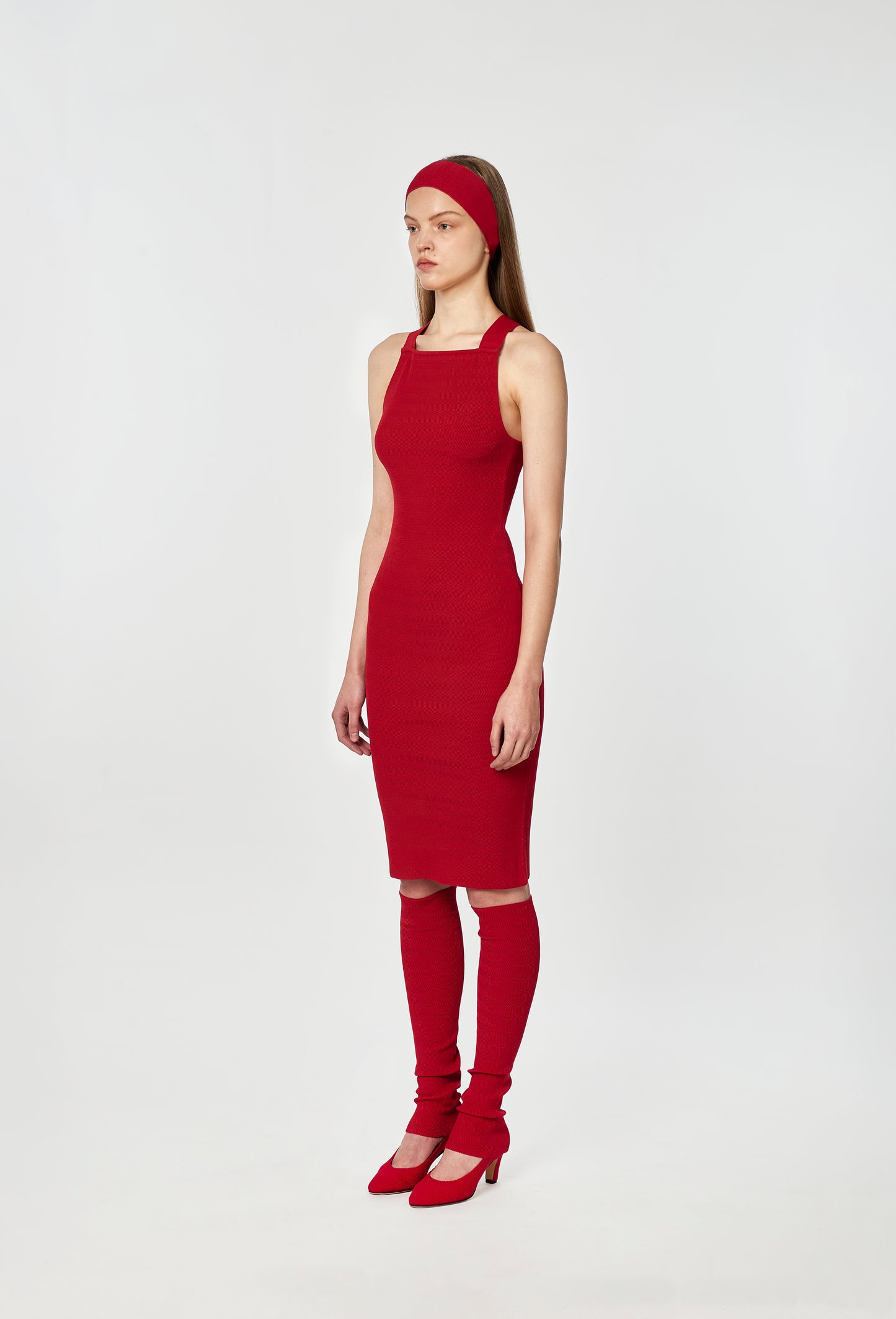 Knit geometric rib dungaree dress