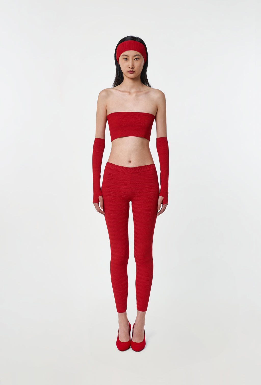 Geometric Rib-Knit Leggings in Apple Red