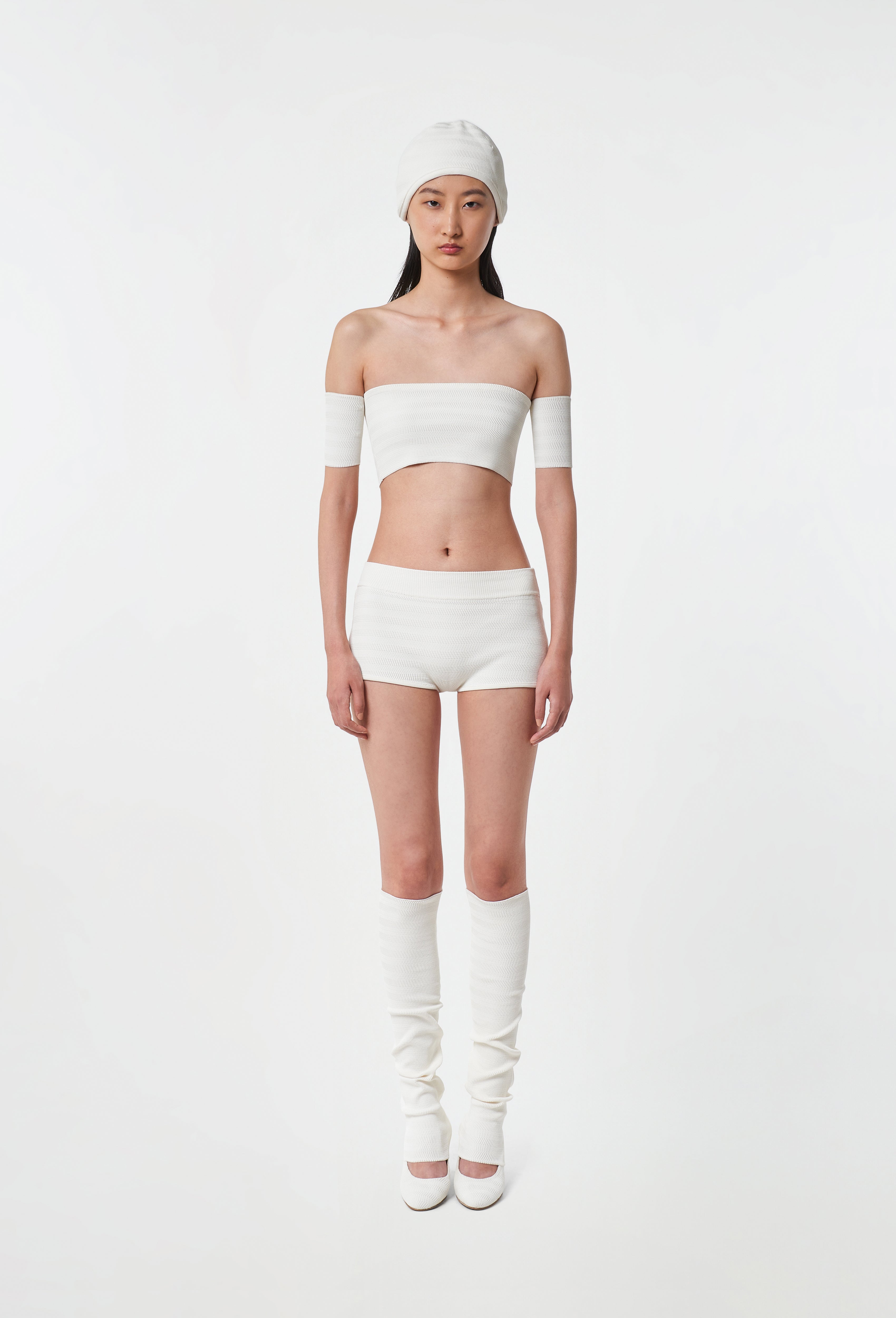 Geometric Rib-Knit Bandeau Top in White