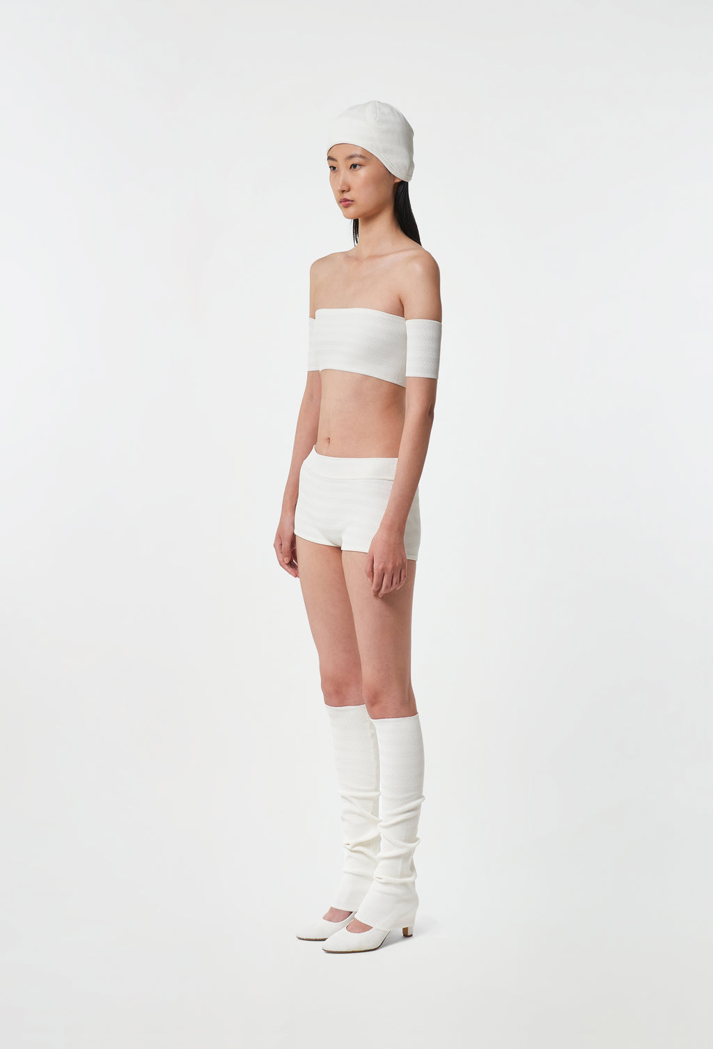 Geometric Rib-Knit Bandeau Top in White