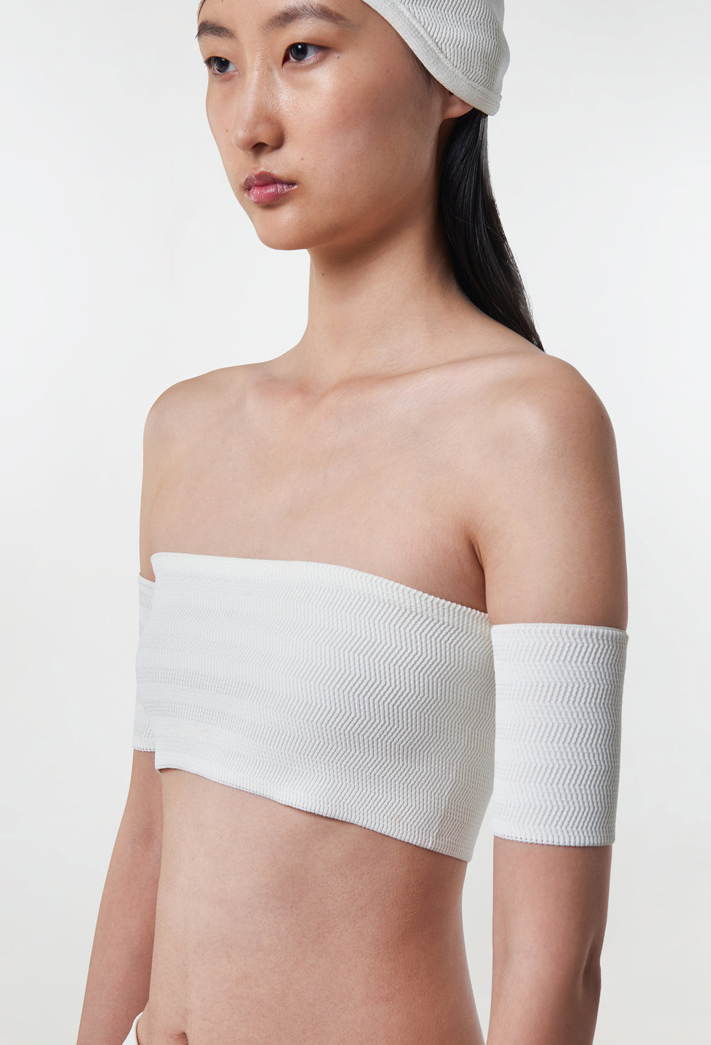 Geometric Rib-Knit Bandeau Top in White