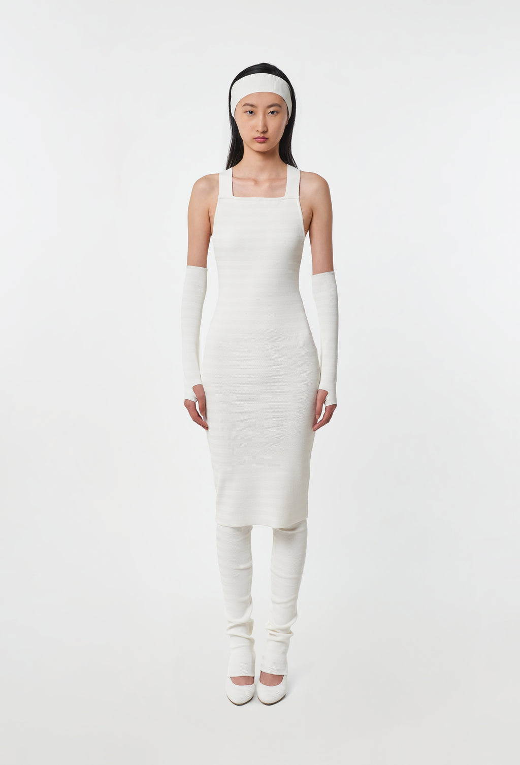 Geometric Rib-Knit Dungaree Dress in White