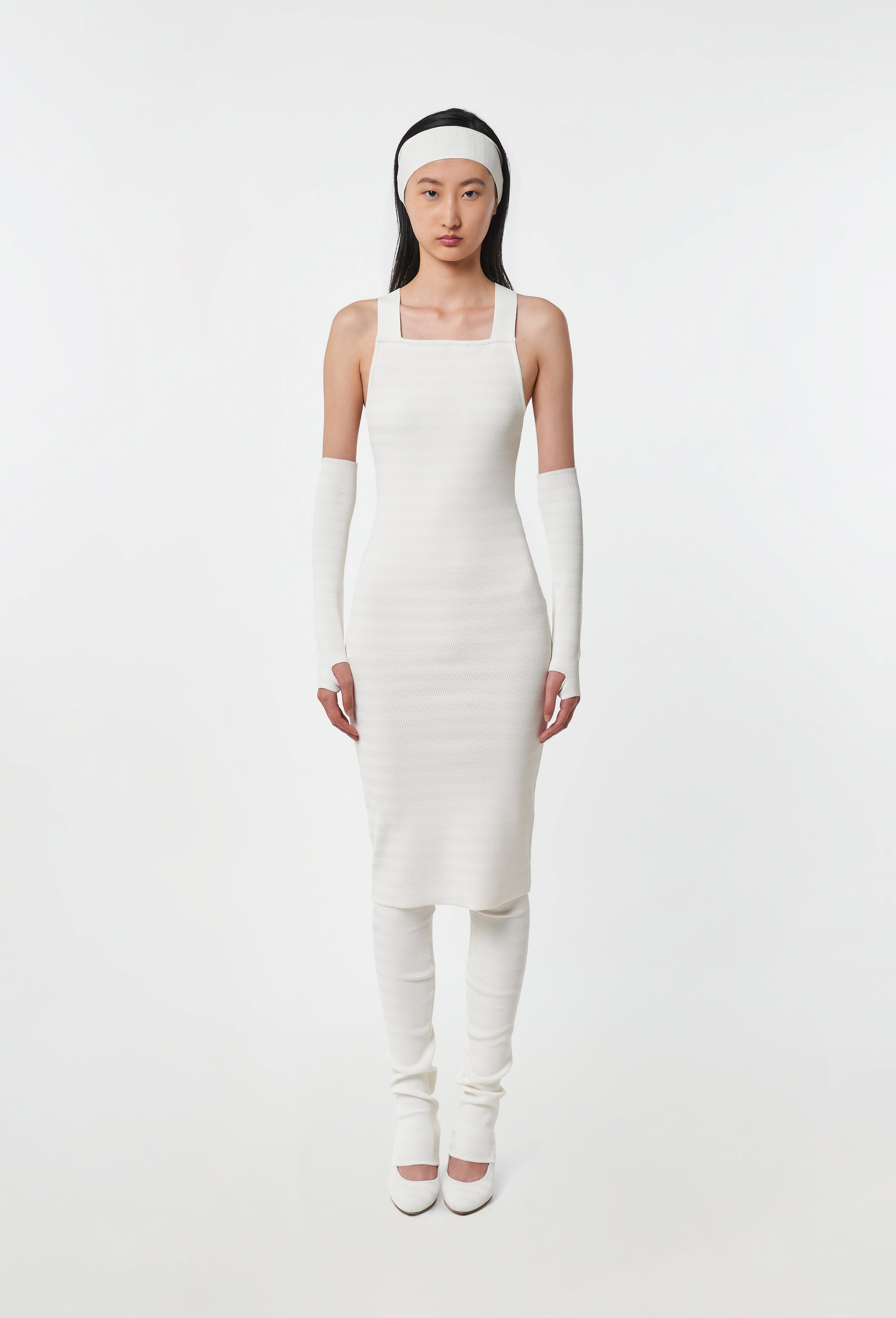 Geometric Rib-Knit Dungaree Dress in White