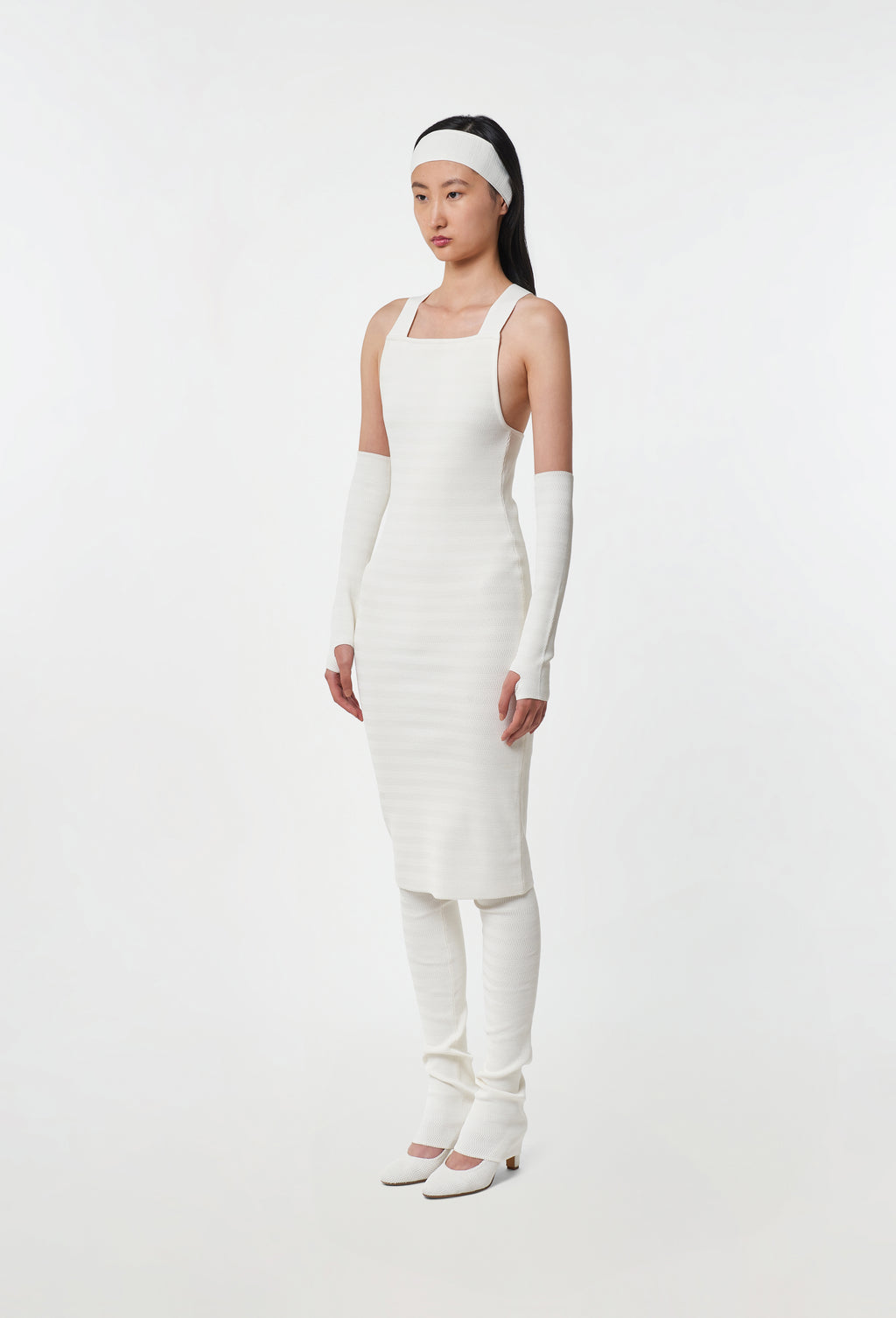 Geometric Rib-Knit Dungaree Dress in White
