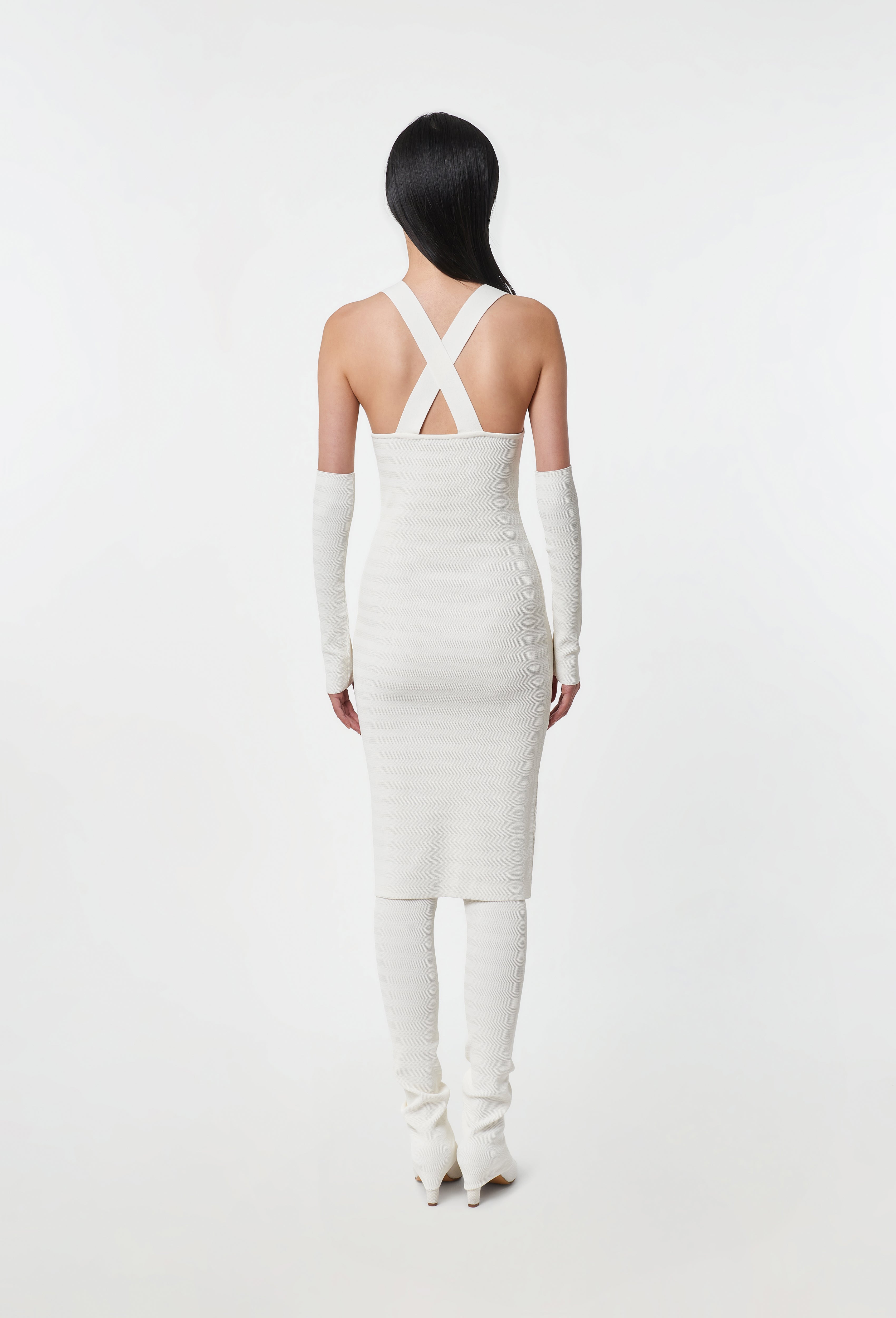 Geometric Rib-Knit Dungaree Dress in White