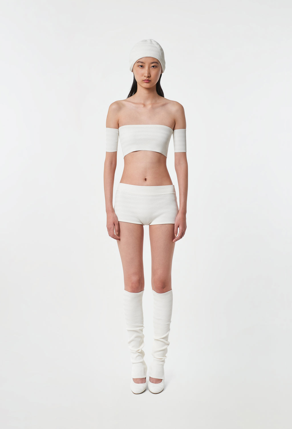Geometric Rib-Knit Shorts in White