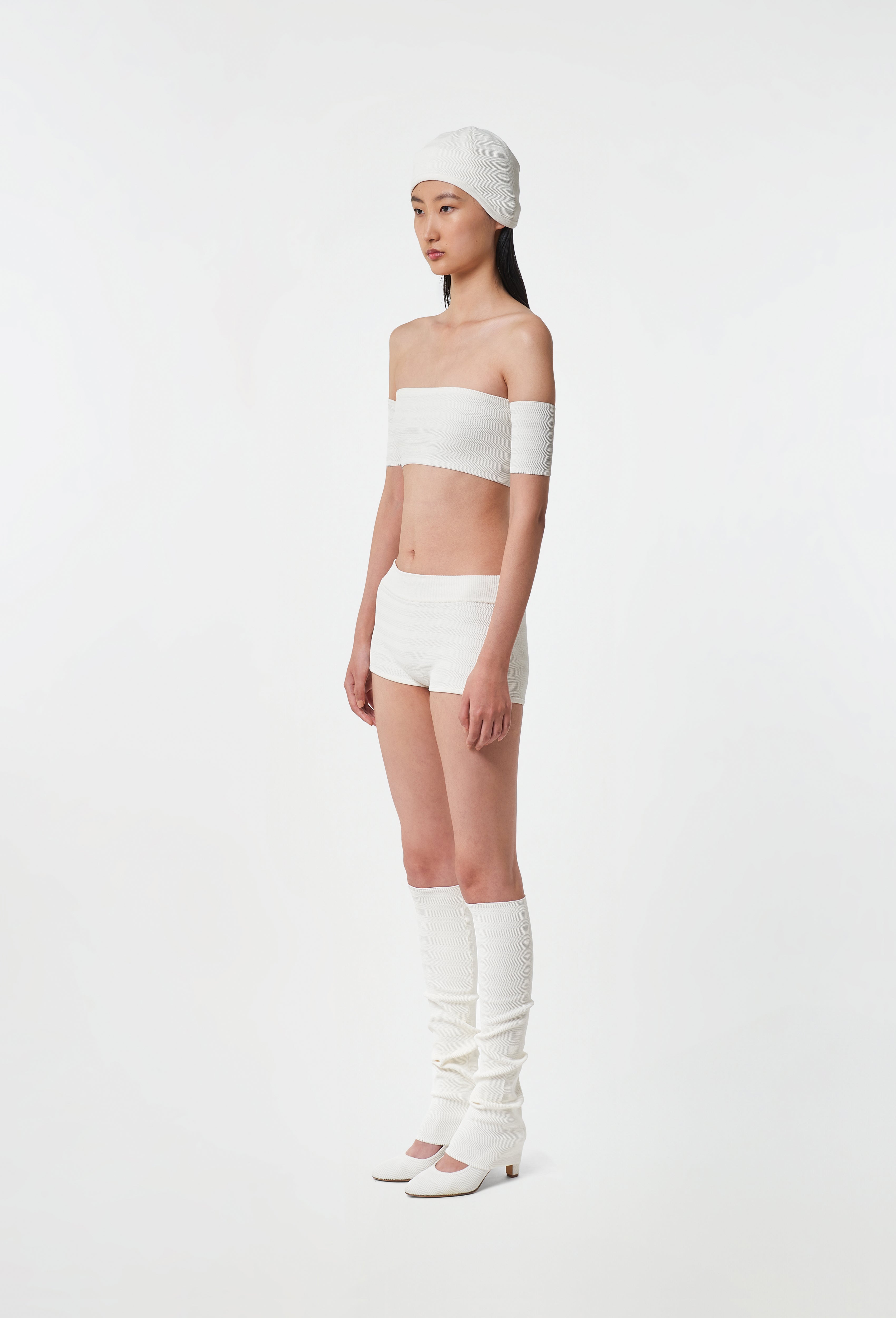 Geometric Rib-Knit Shorts in White