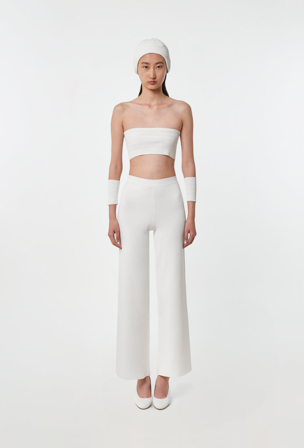 Knit High-Waist Trousers in White