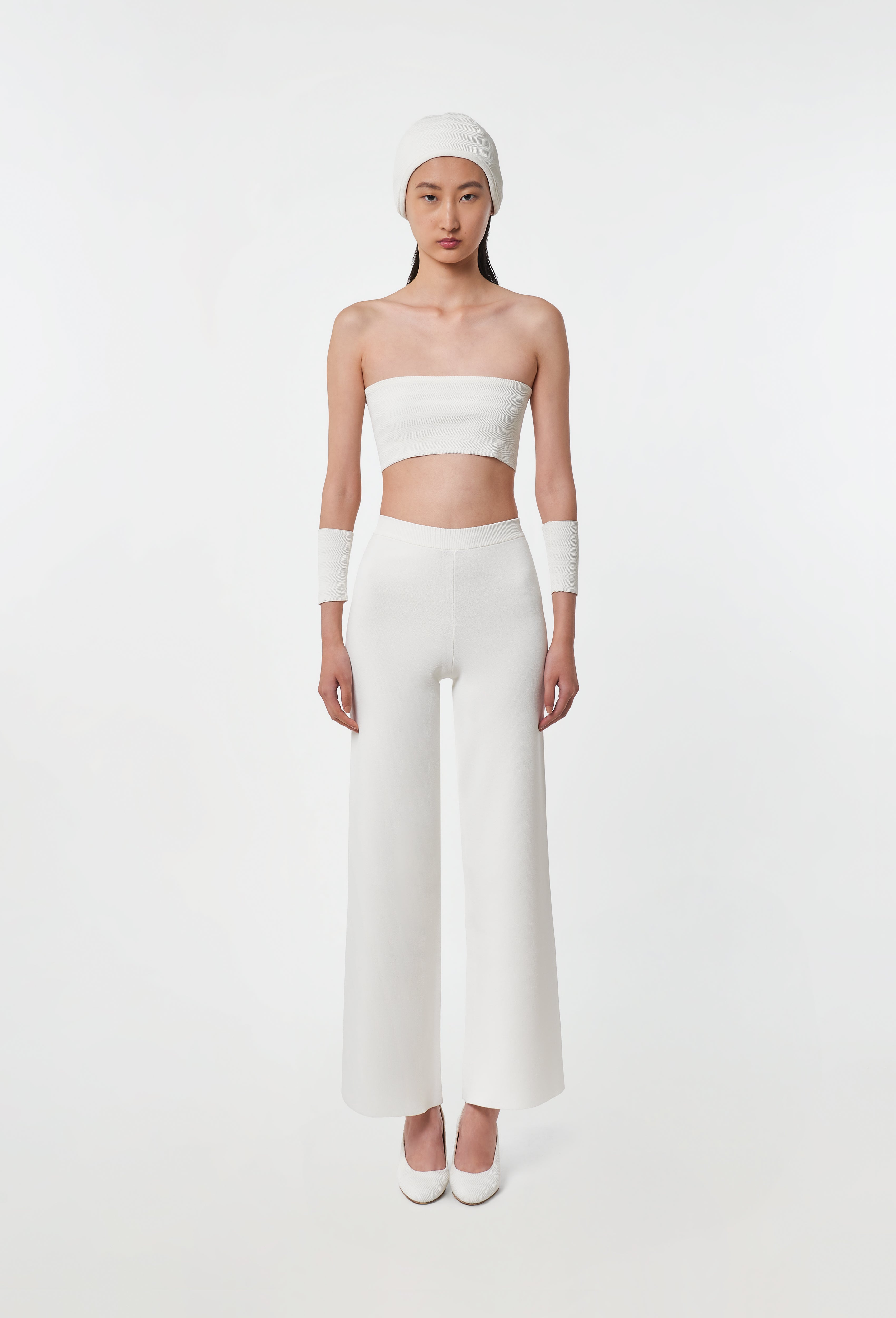 Knit High-Waist Trousers in White