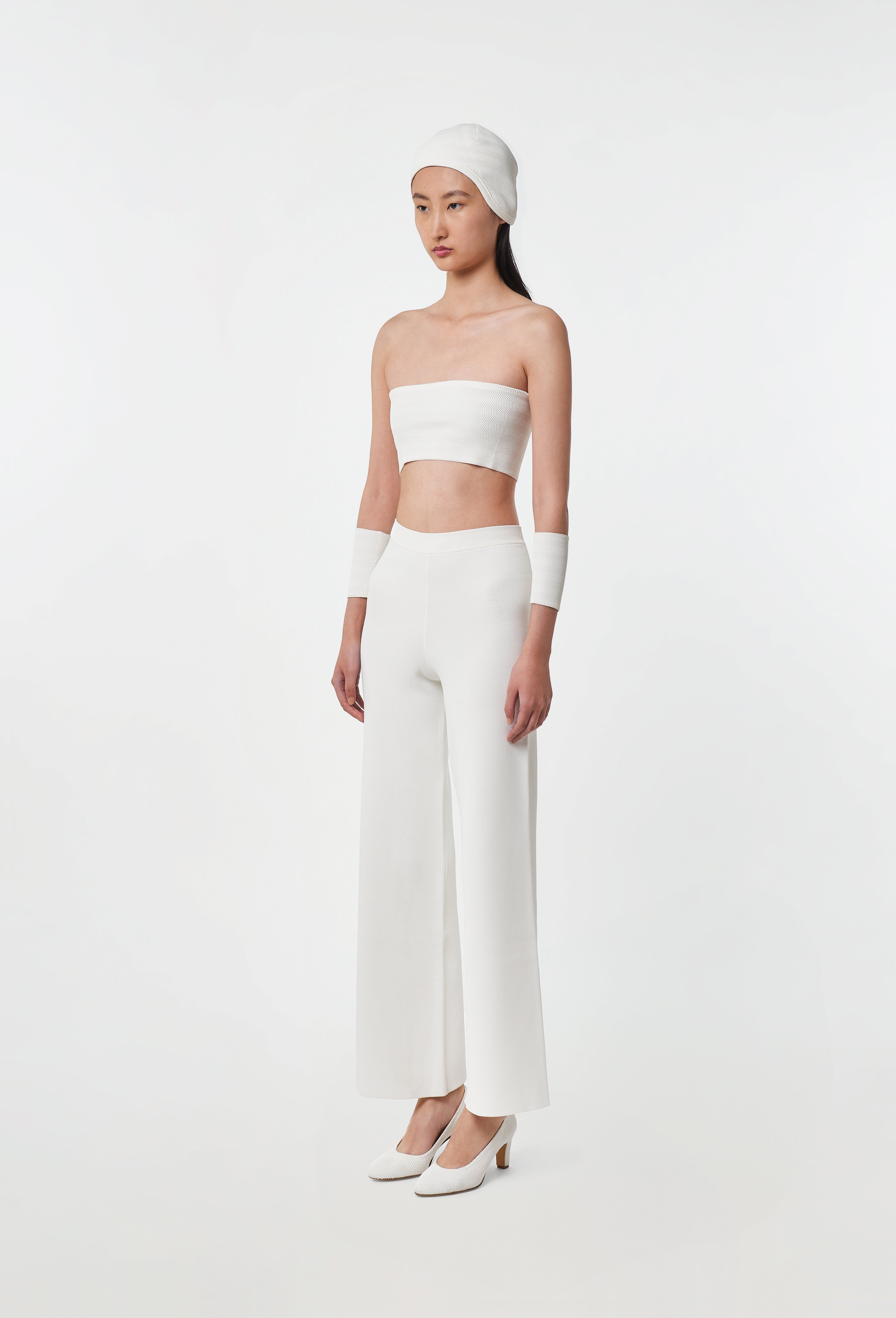Knit High-Waist Trousers in White
