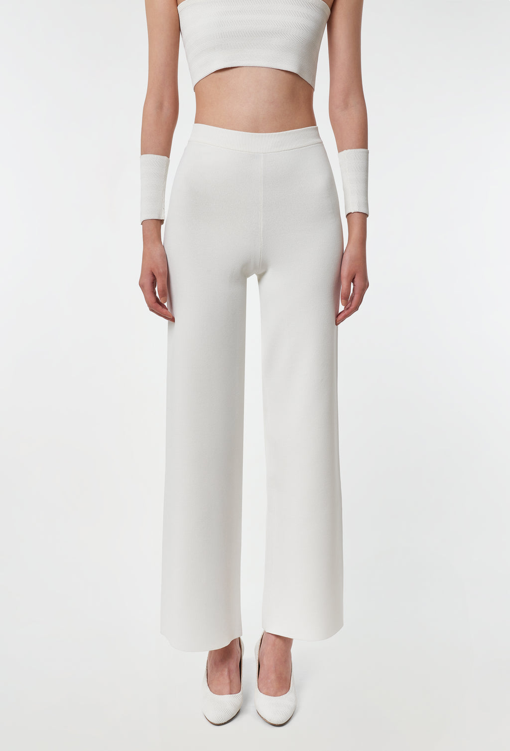 Knit High-Waist Trousers in White