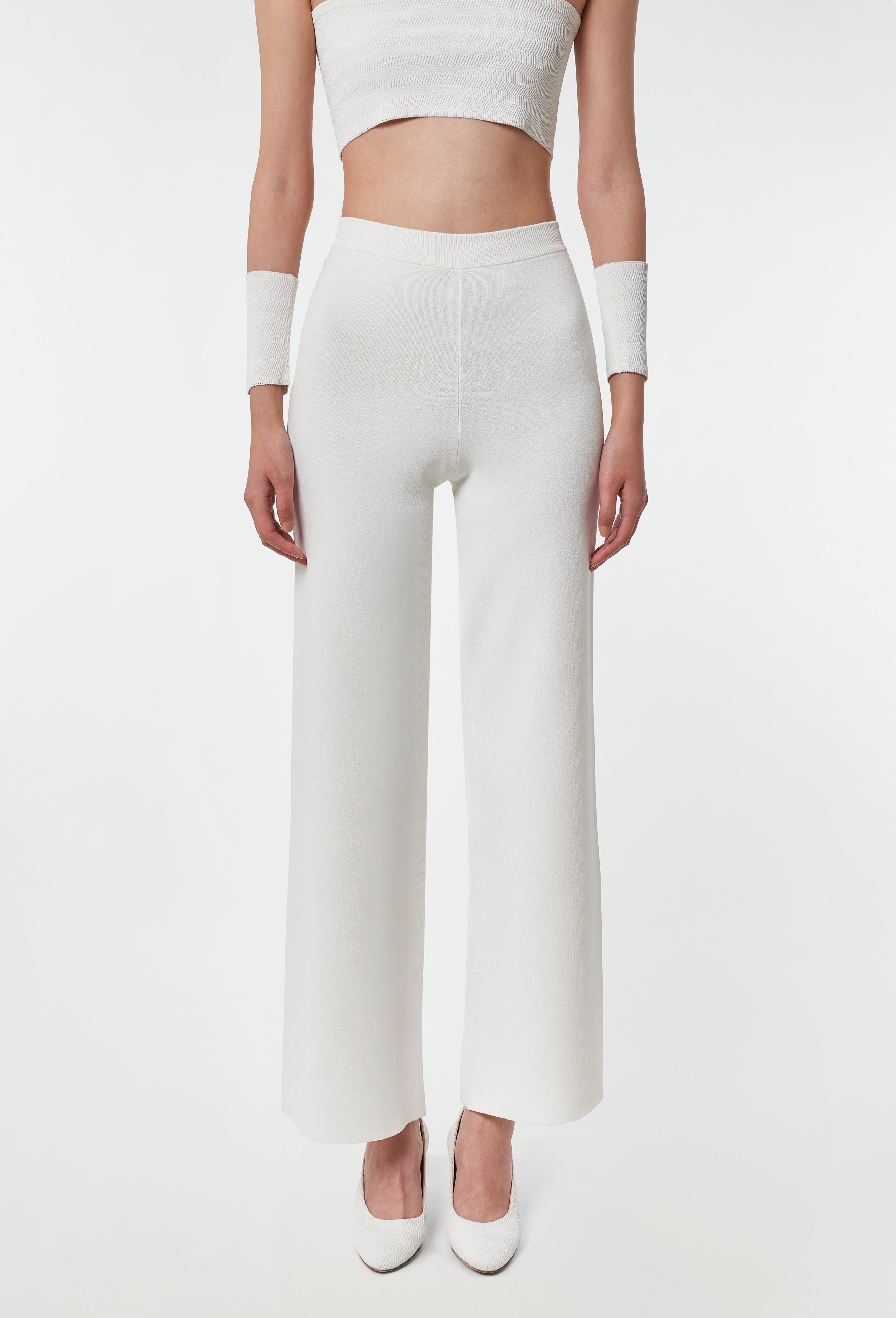 Knit High-Waist Trousers in White