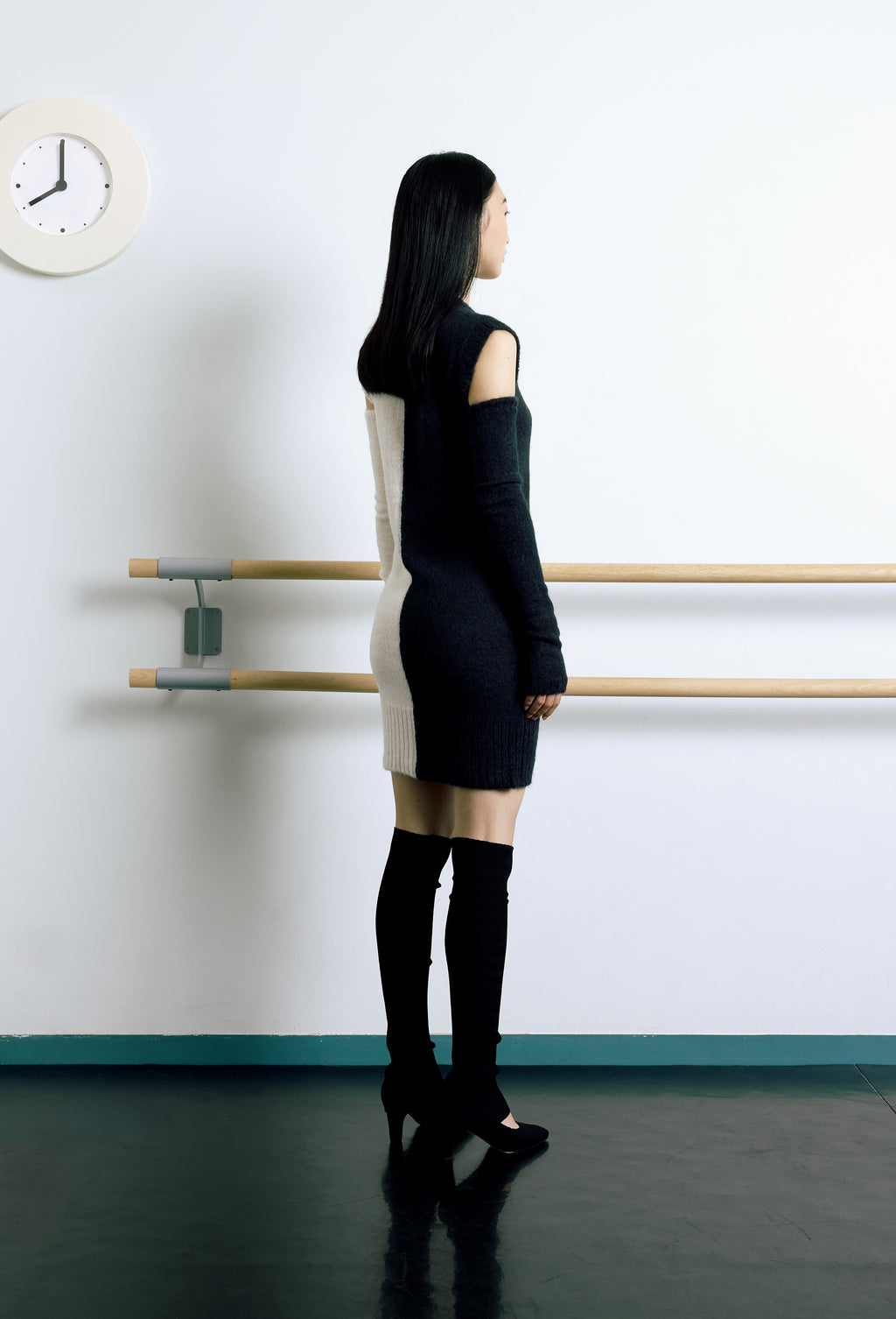 Knit Intarsia Alpaca Dress in Black and Calla white