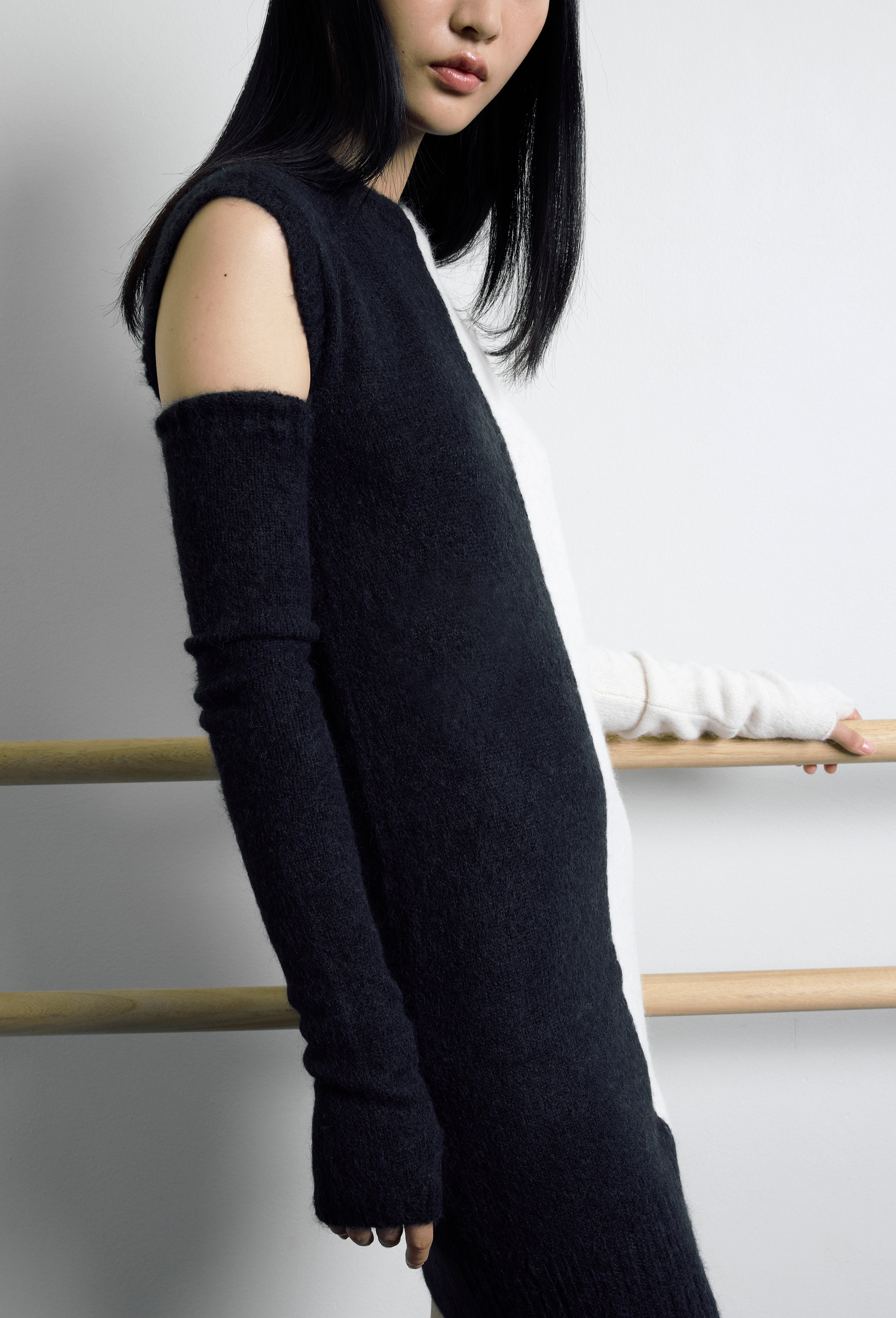 Knit Alpaca Arm Warmer Gloves in Black and Calla white