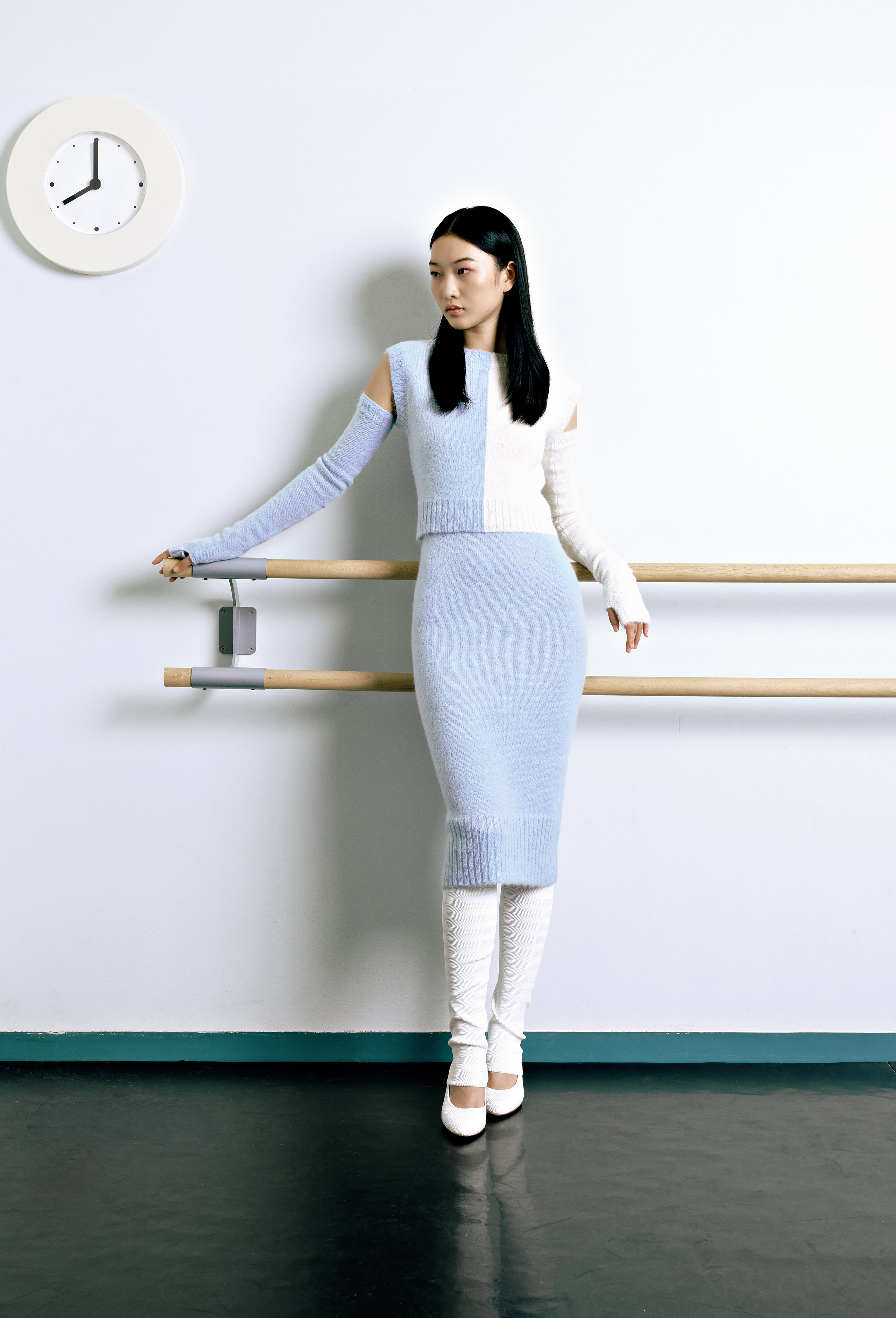 Knit Intarsia Alpaca Top in Tweedia blue and Calla white