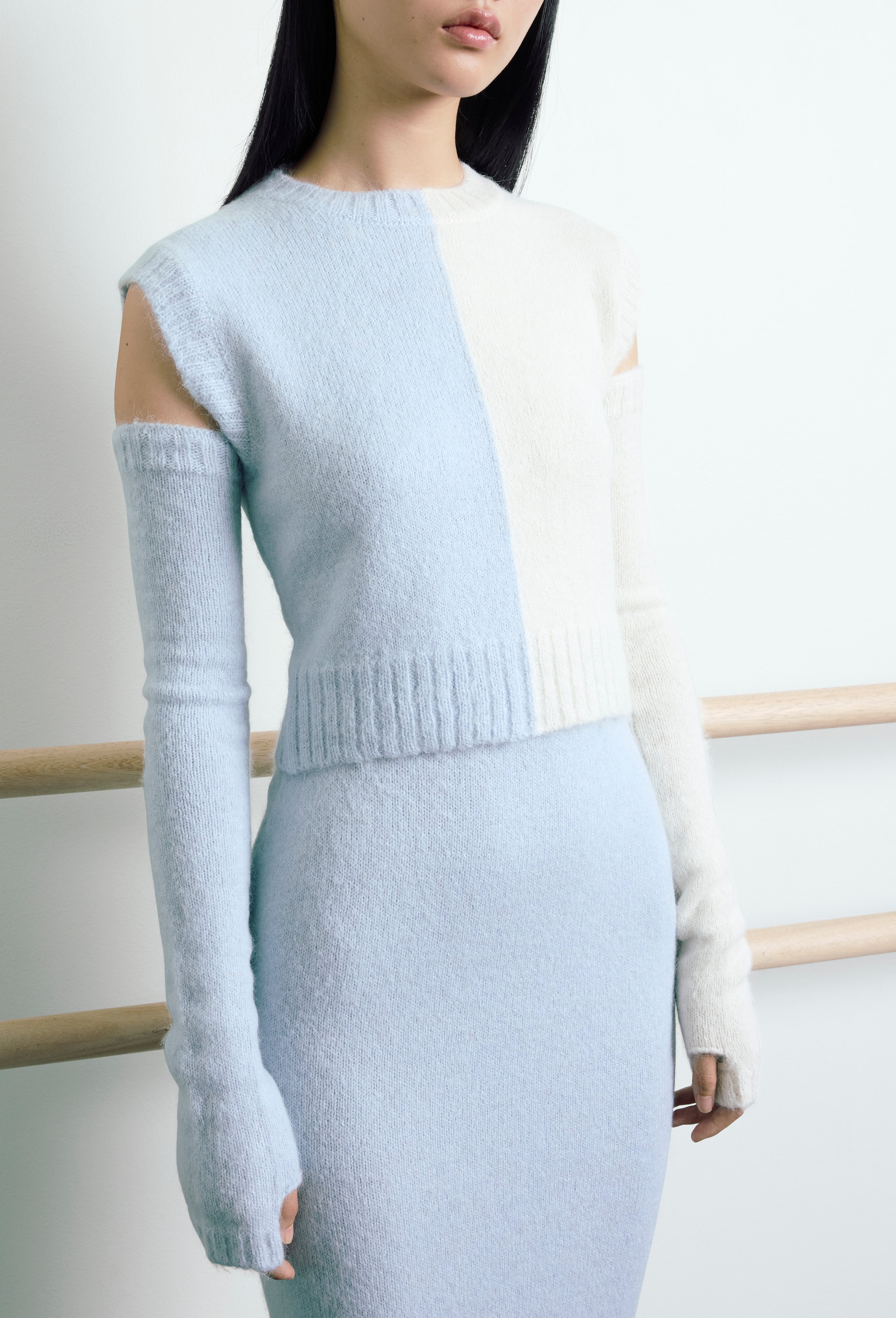 Knit Alpaca Arm Warmer Gloves in Tweedia blue and Calla white