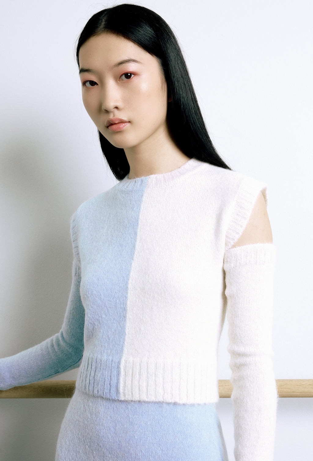 Knit Intarsia Alpaca Top in Tweedia blue and Calla white