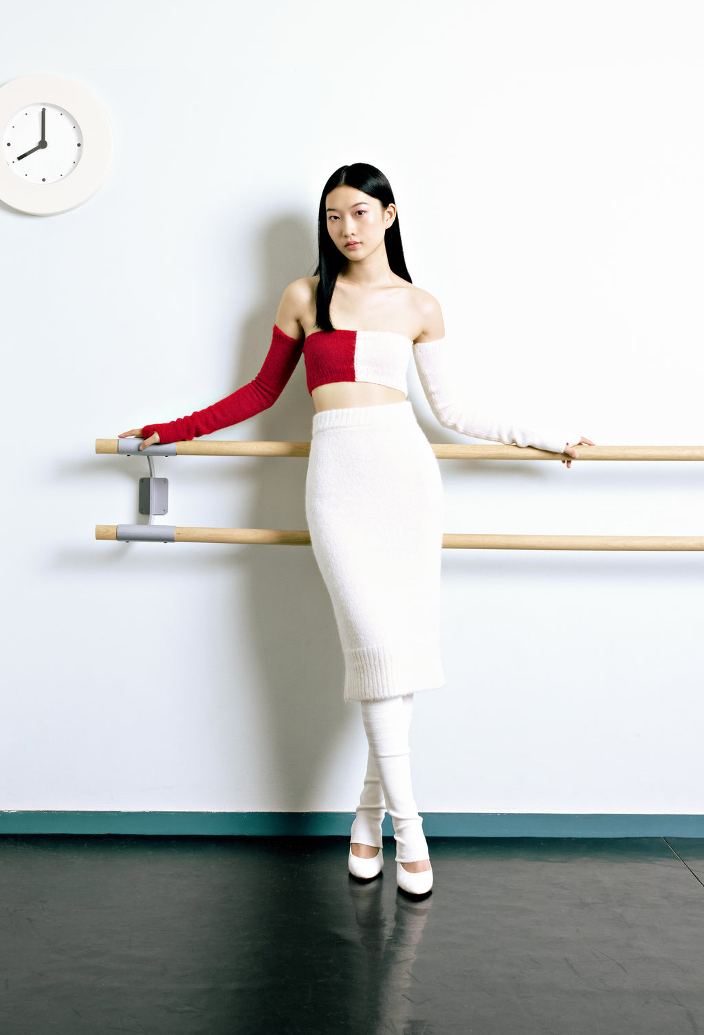 Knit Intarsia Alpaca Bandeau Top in Red and Calla white