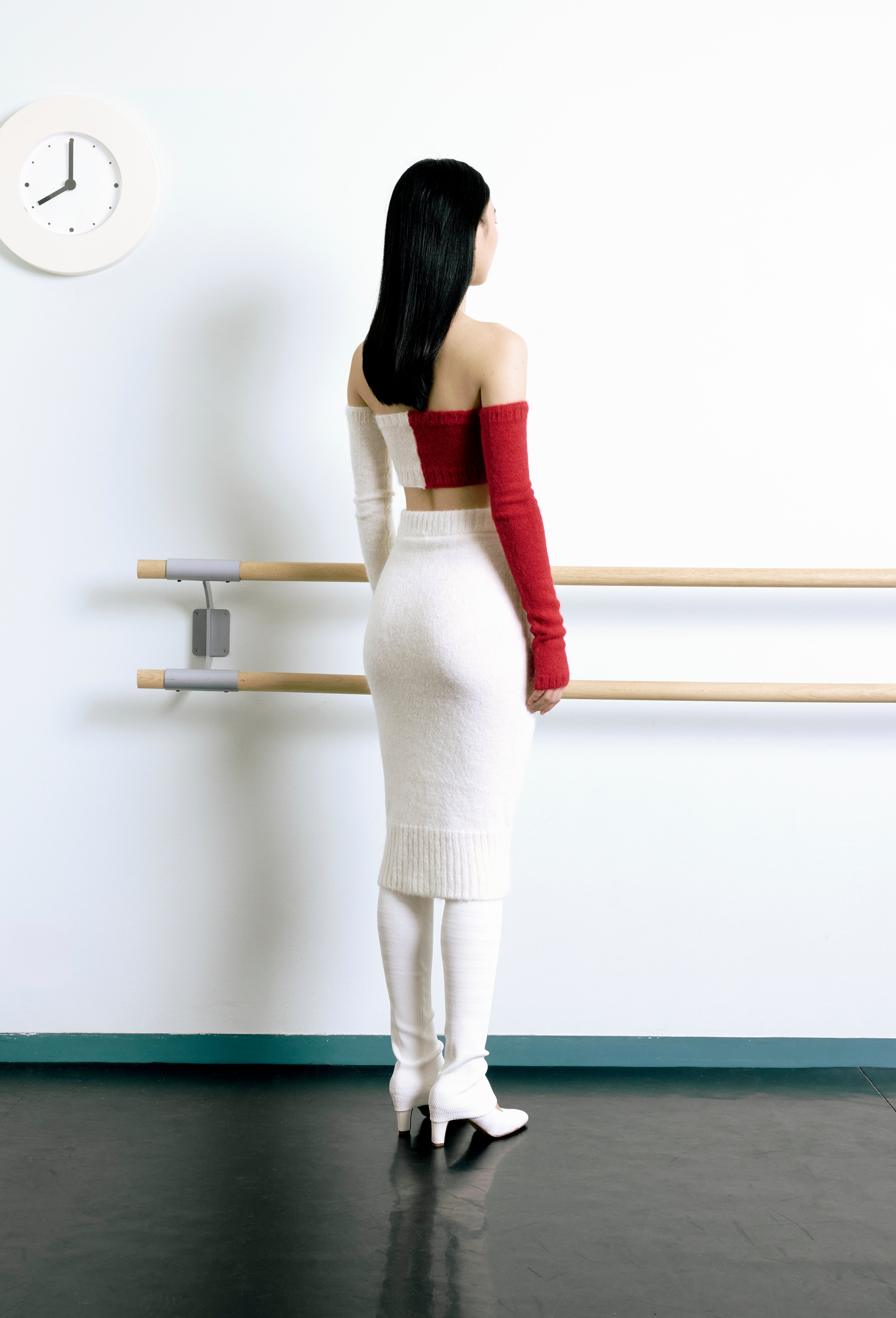 Knit Intarsia Alpaca Bandeau Top in Red and Calla white