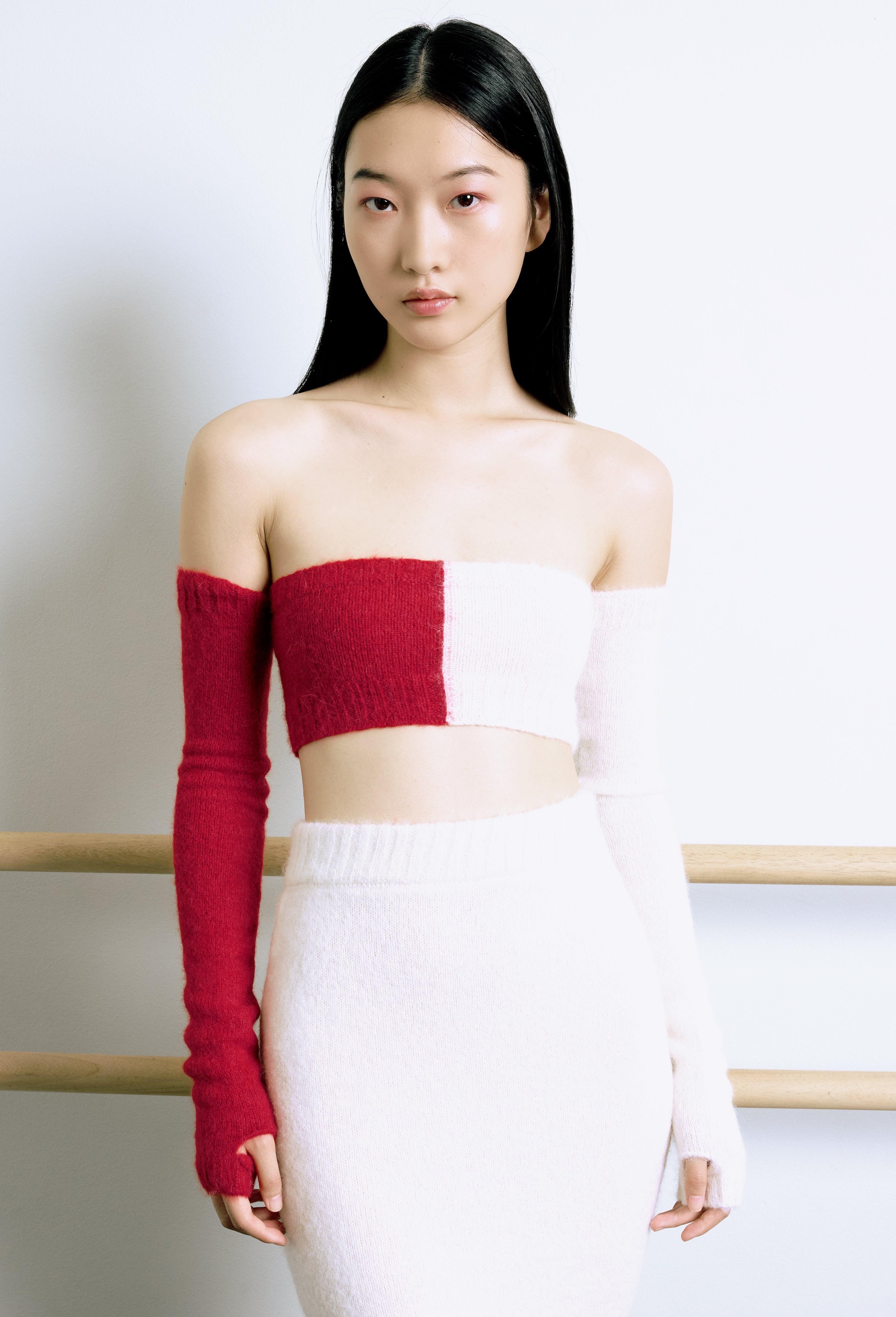 Knit Alpaca Arm Warmer Gloves in Red and Calla white