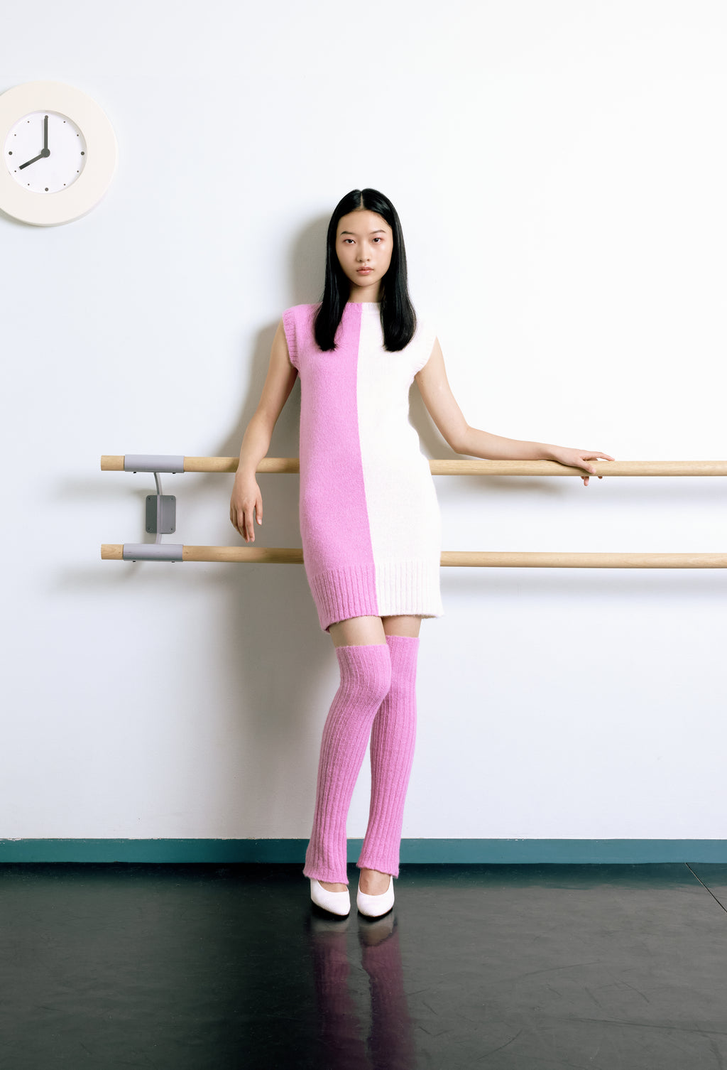 Knit Intarsia Alpaca Dress in Pink and Calla white