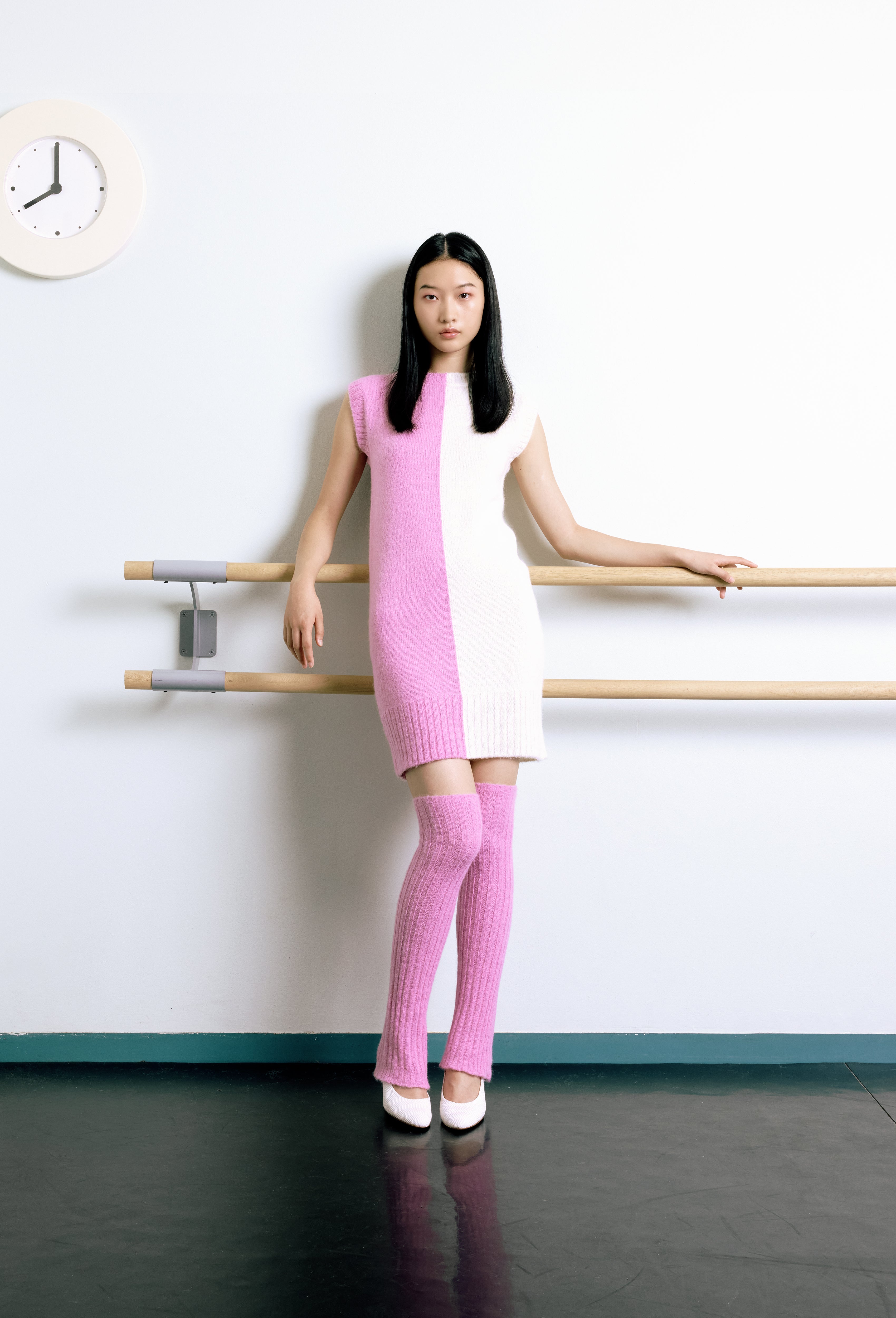 Knit Intarsia Alpaca Dress in Pink and Calla white