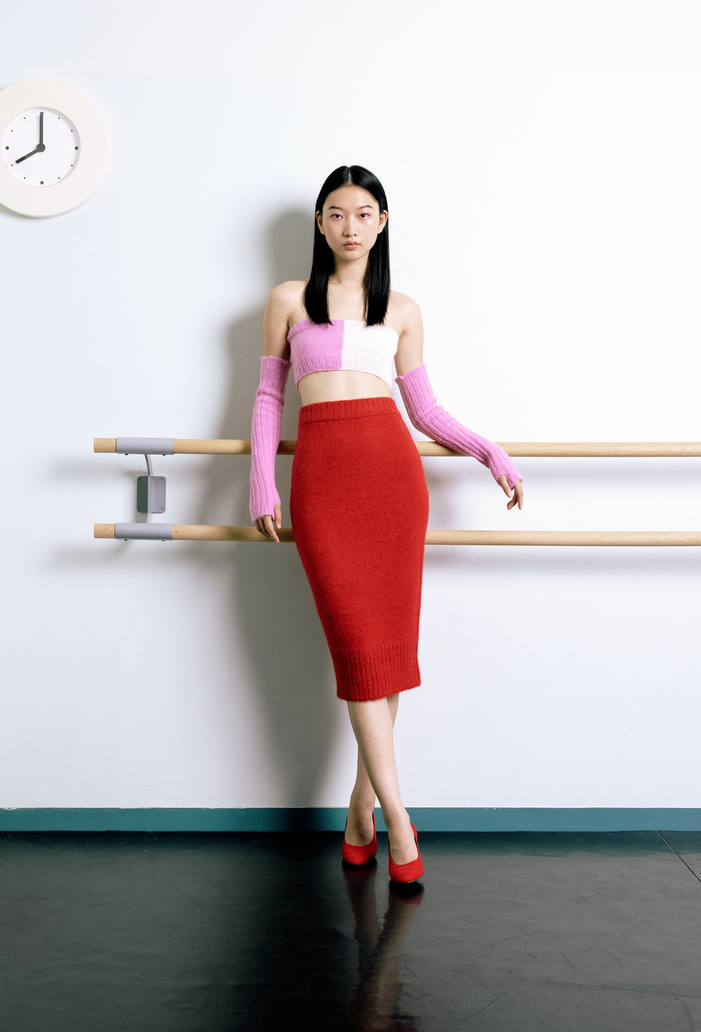 Knit Intarsia Alpaca Bandeau Top in Pink and Calla white