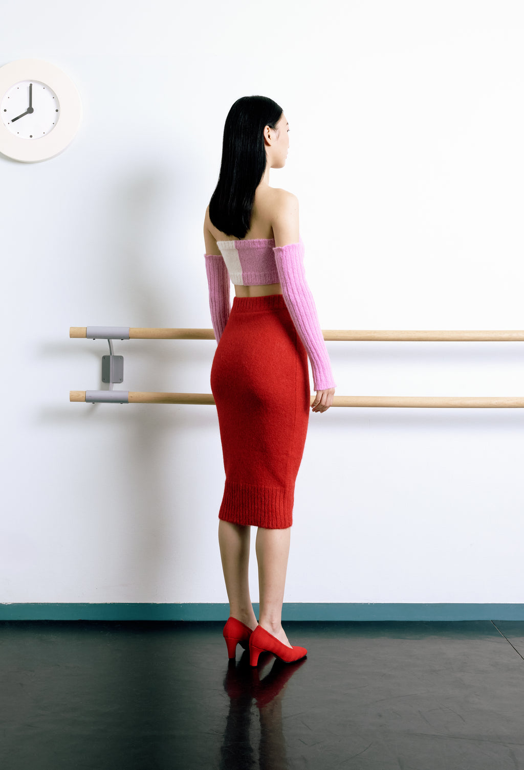 Knit Intarsia Alpaca Bandeau Top in Pink and Calla white