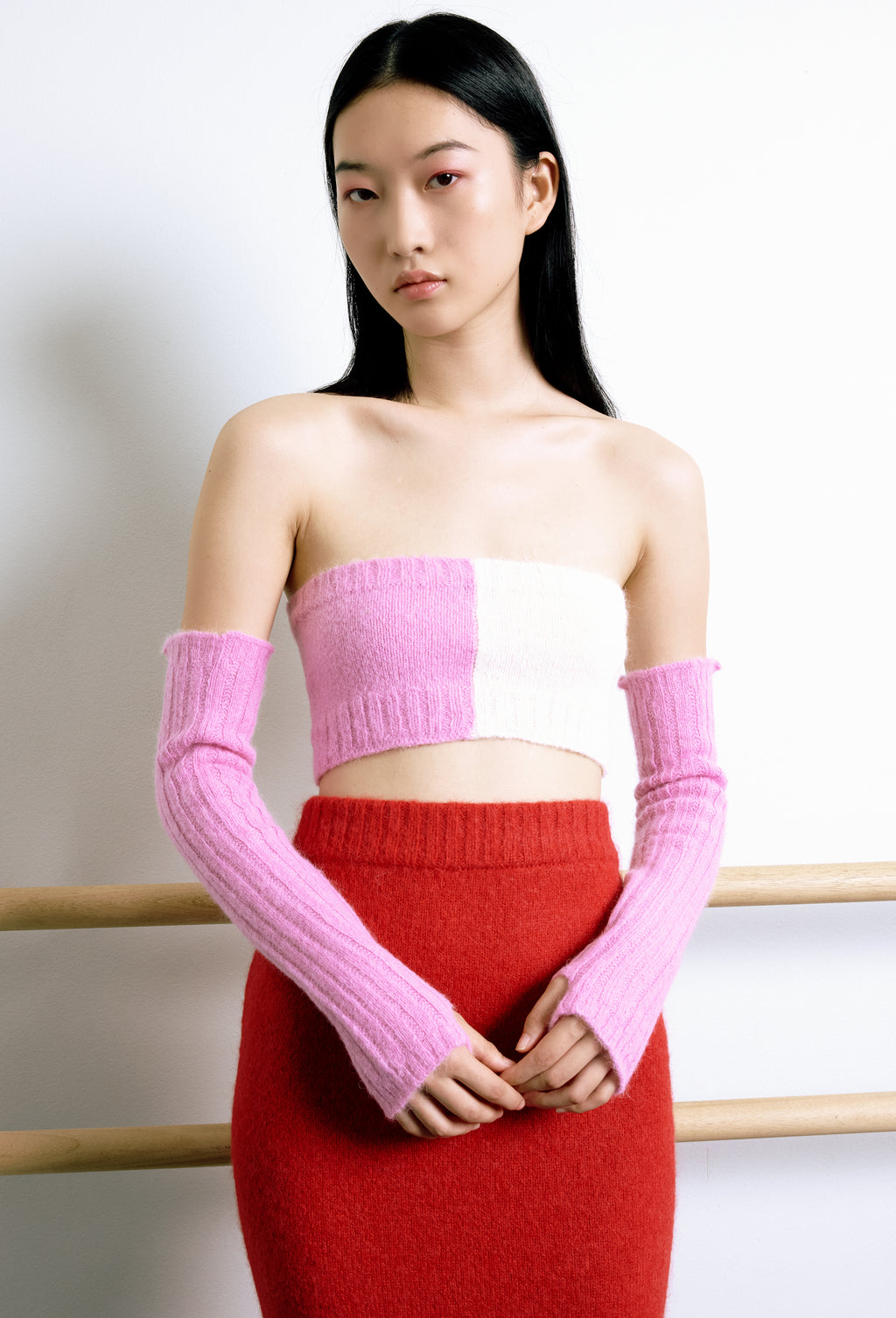 Knit Intarsia Alpaca Bandeau Top in Pink and Calla white