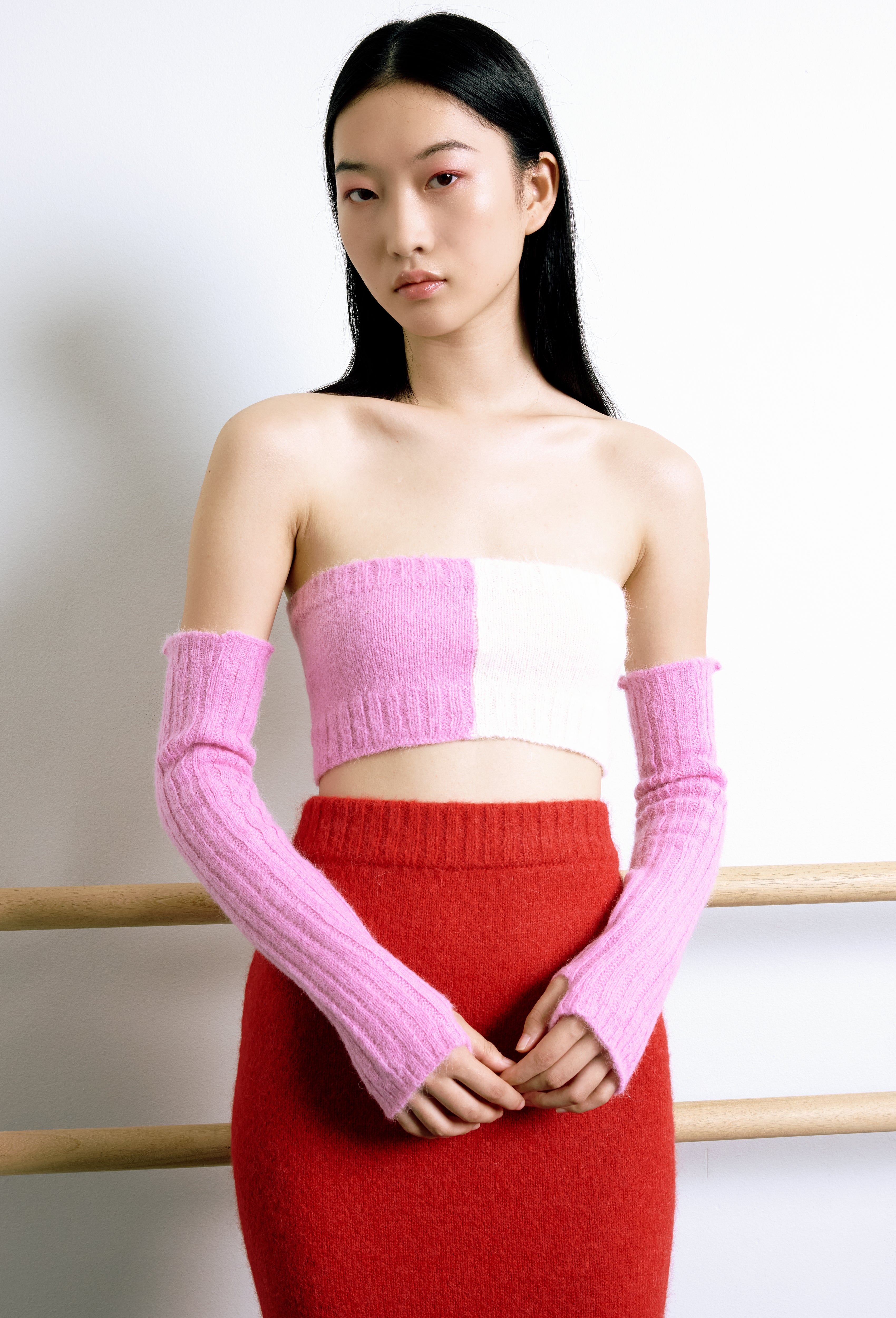 Knit Intarsia Alpaca Bandeau Top in Pink and Calla white