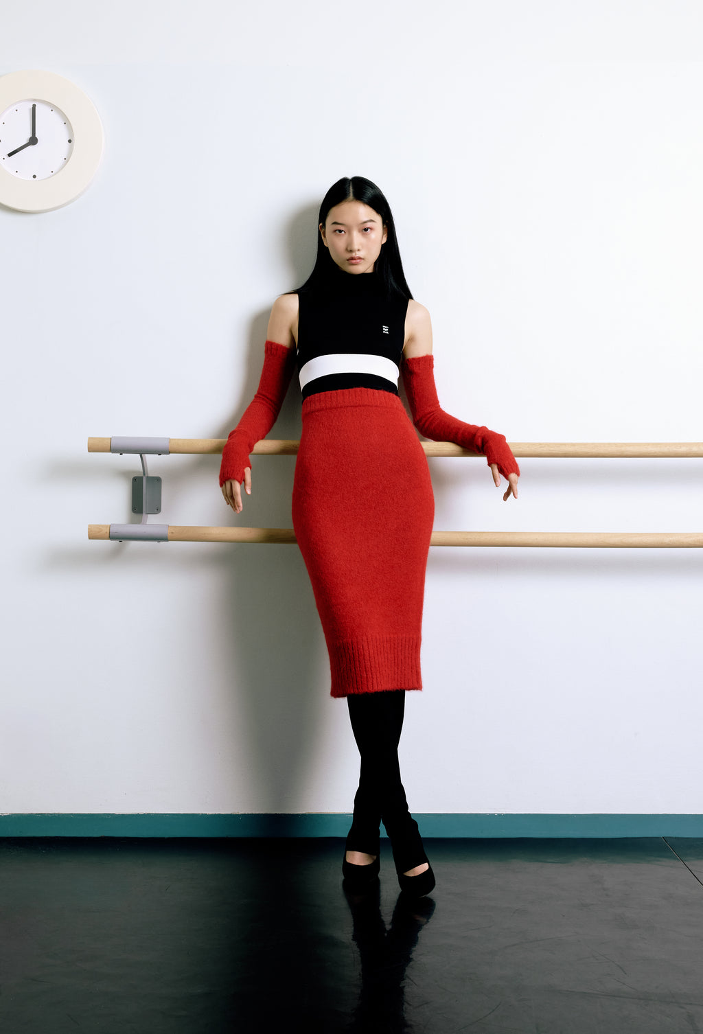 Knit Bodysuit in Black with Side band in Calla white