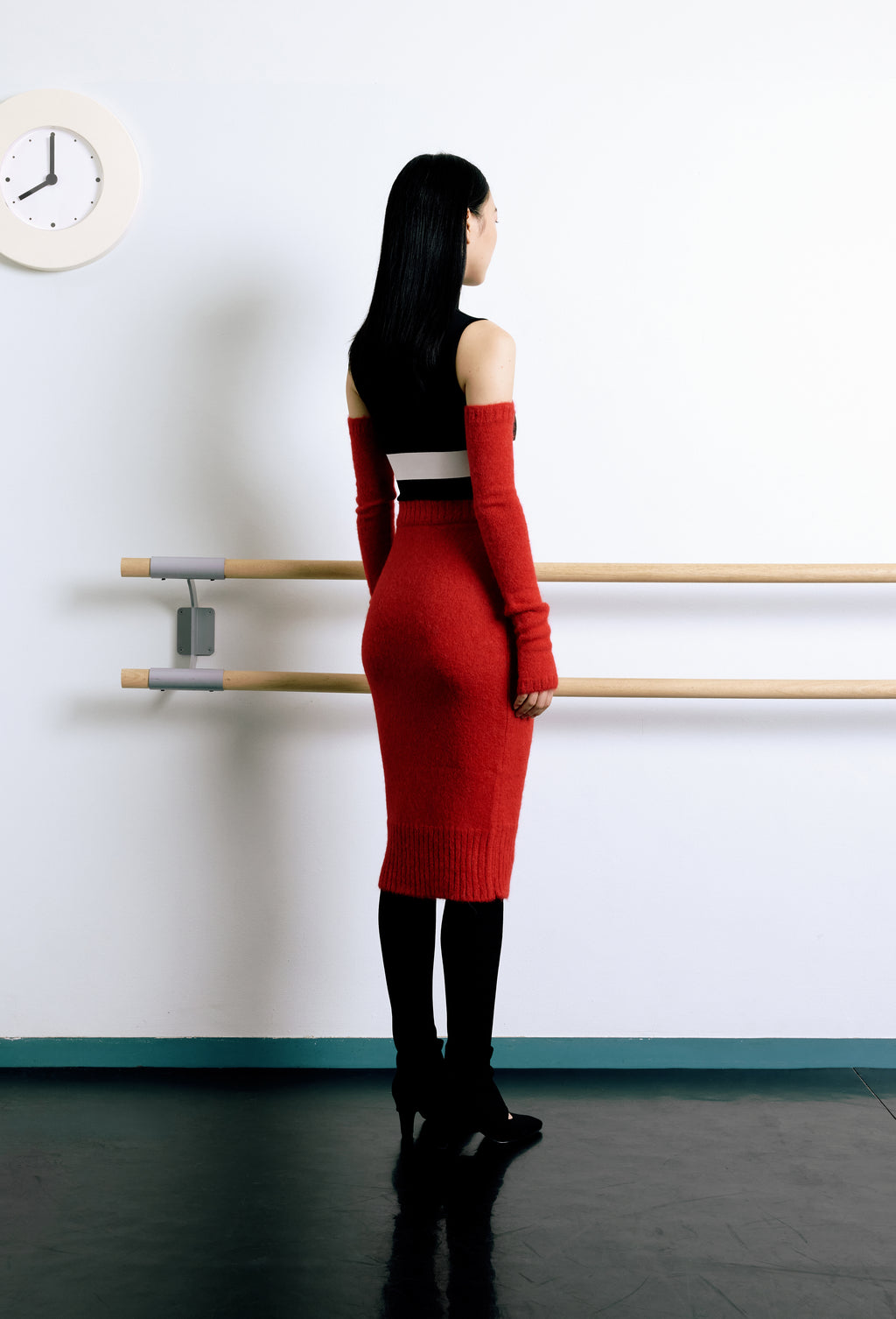 Knit Bodysuit in Black with Side band in Calla white