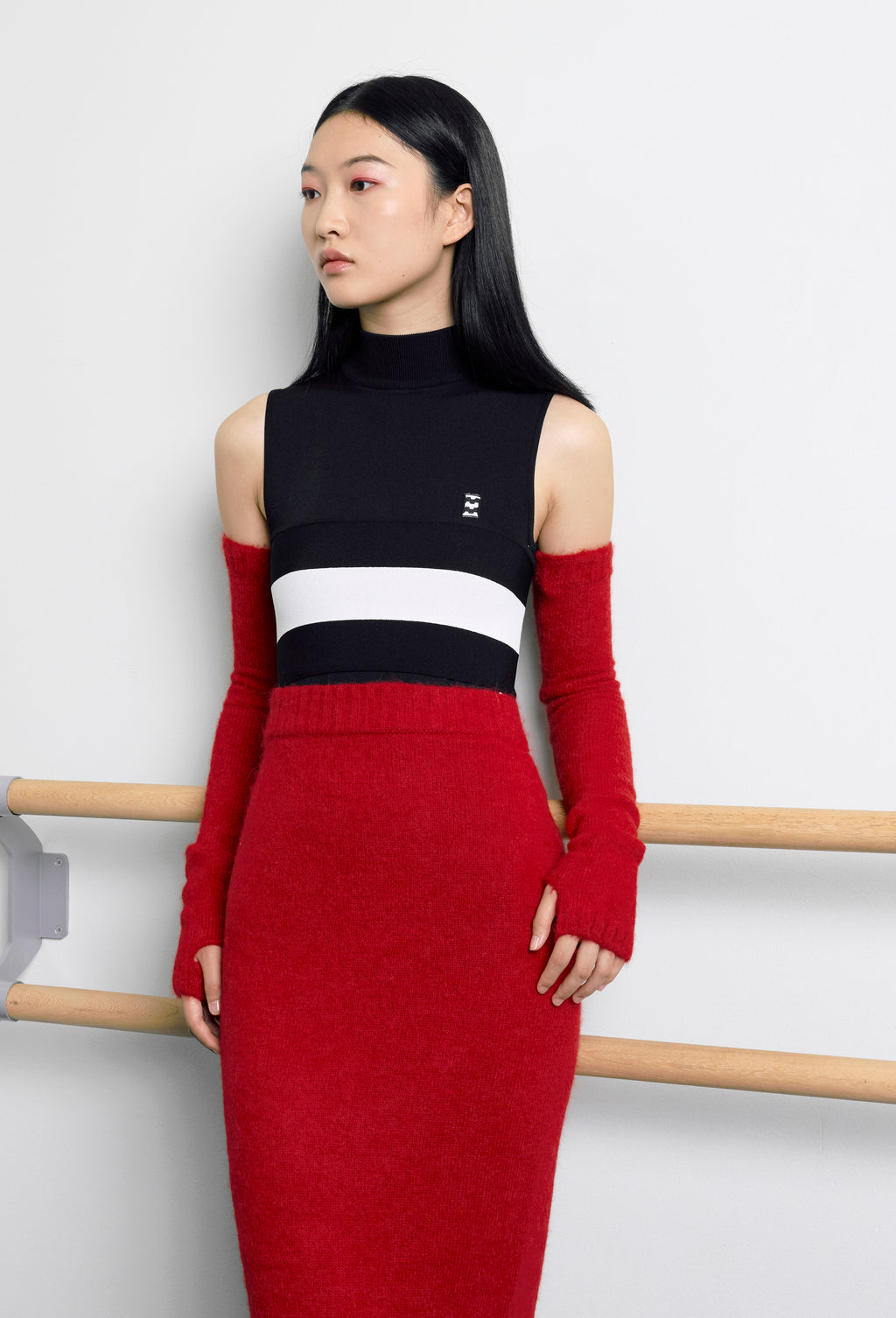 Knit Bodysuit in Black with Side band in Calla white