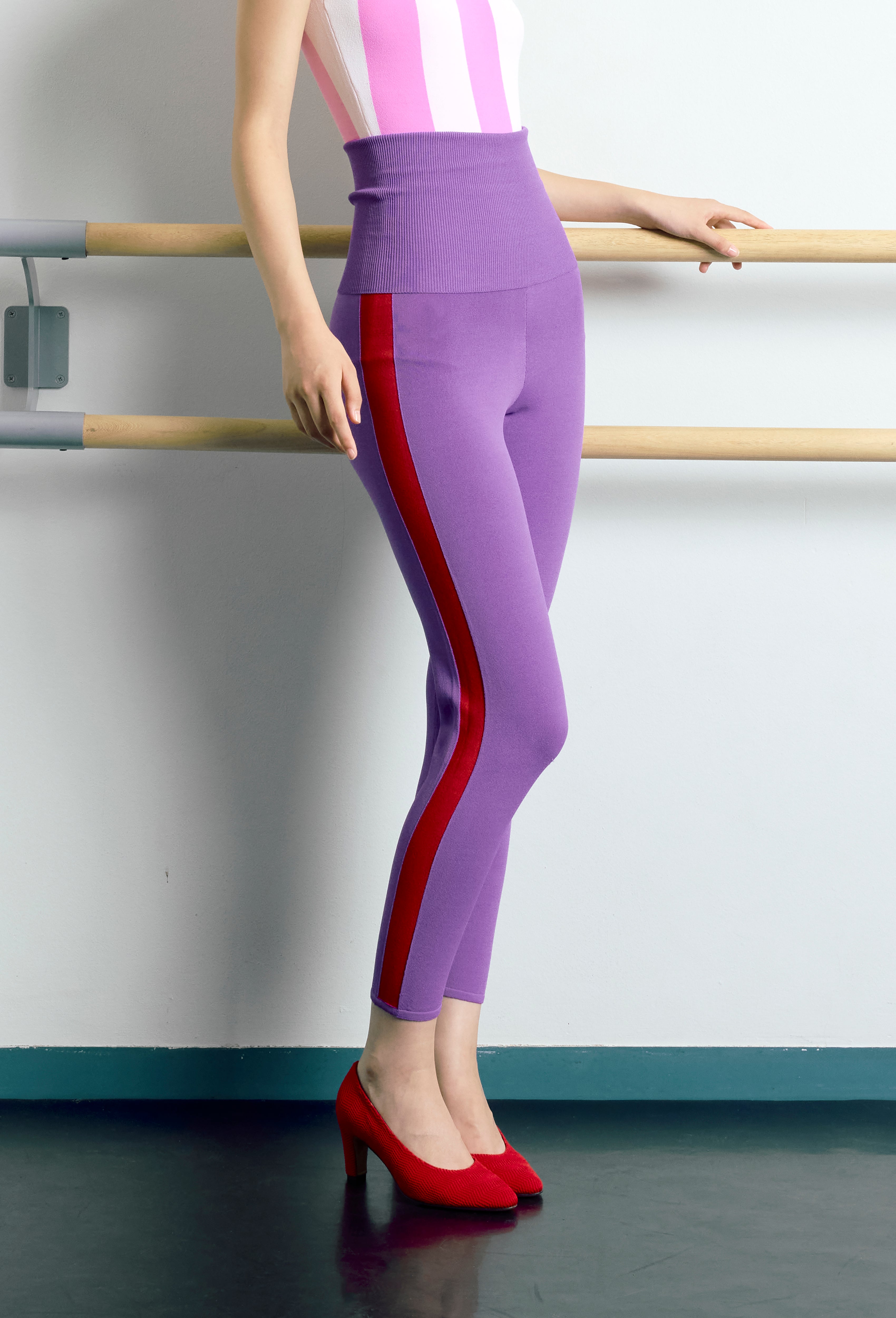 Knit Tube Jumpsuit Leggings in Violet with Apple Red Side Band