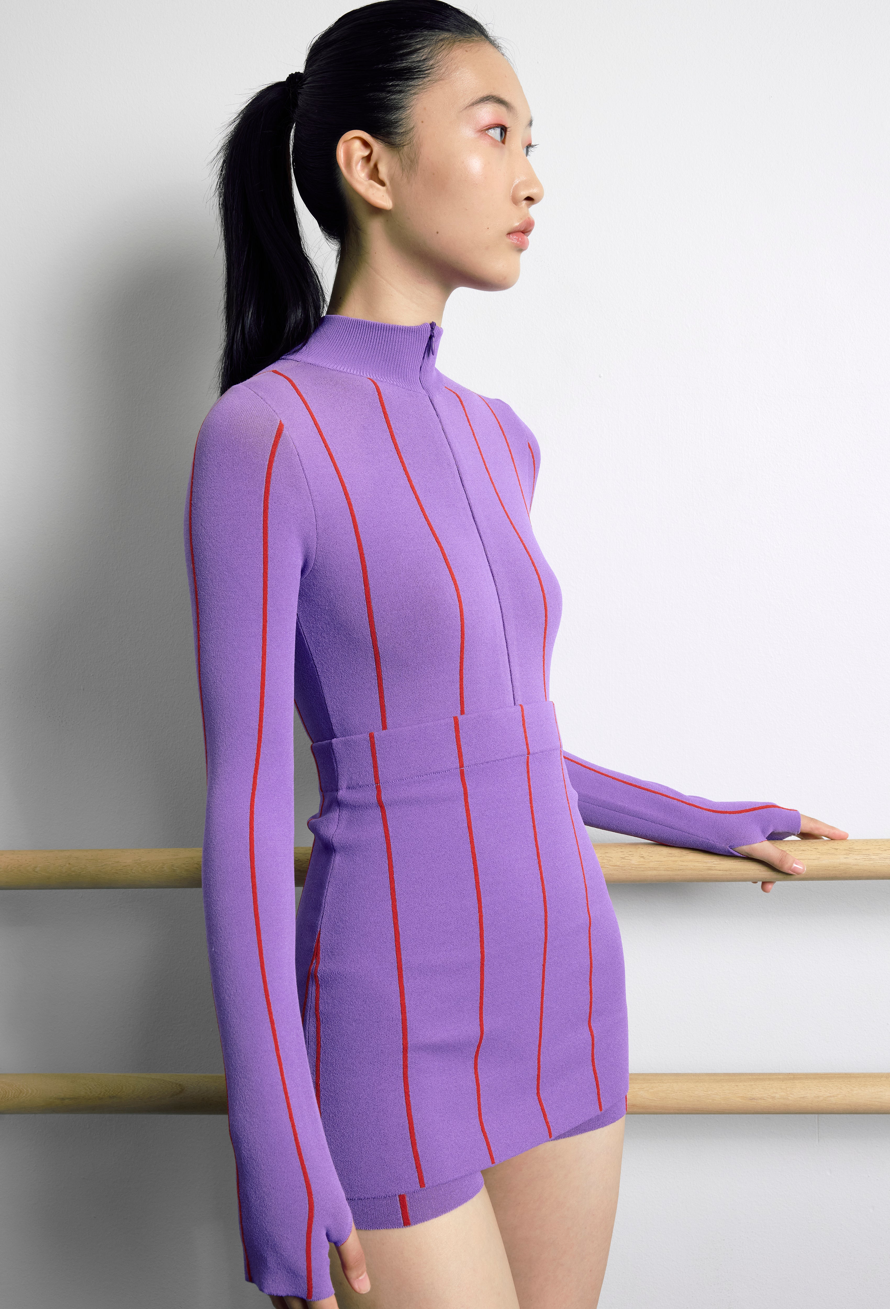 Knit Pin-striped Track bodysuit in Violet and Apple red