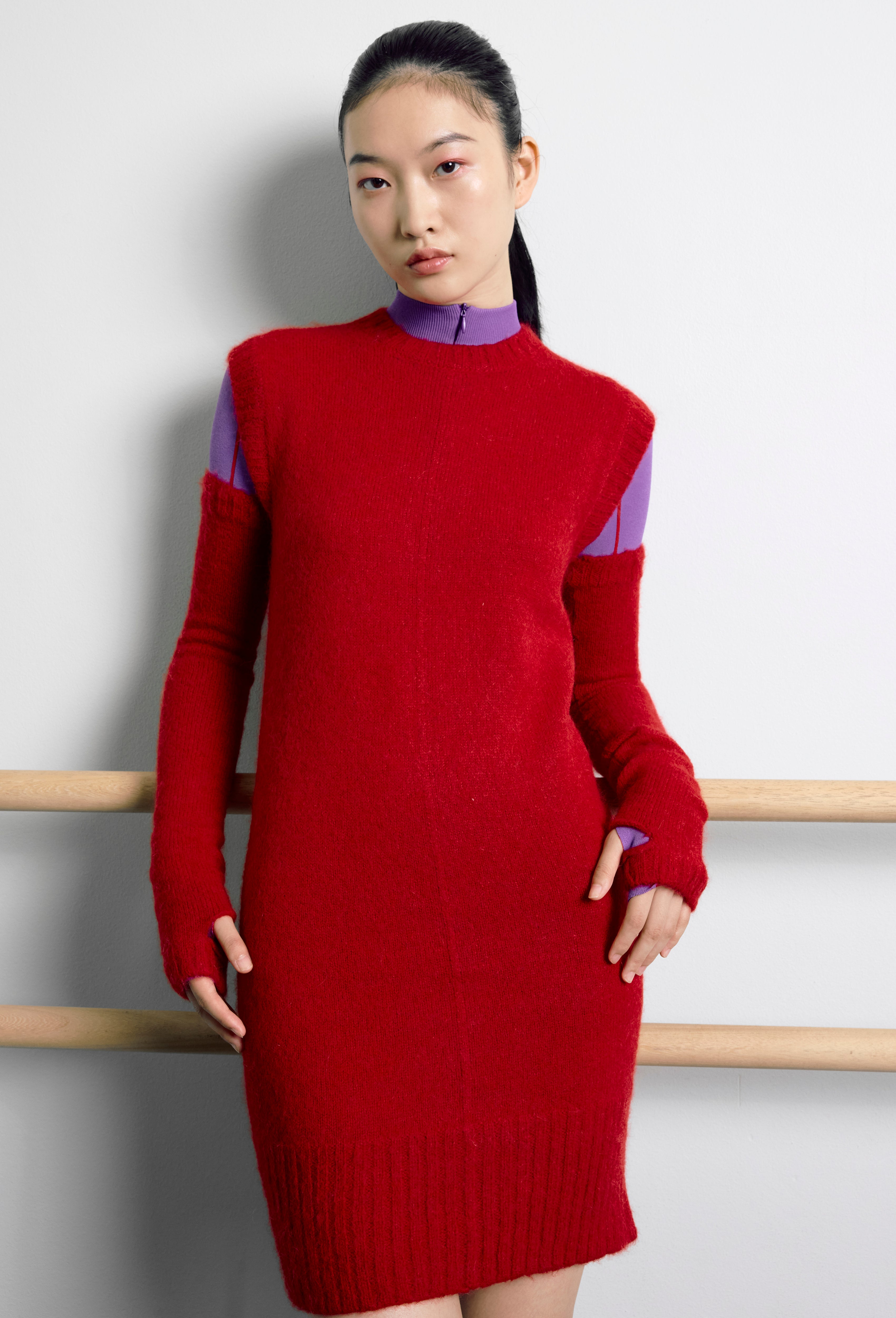 Knit Intarsia Alpaca Dress in Red
