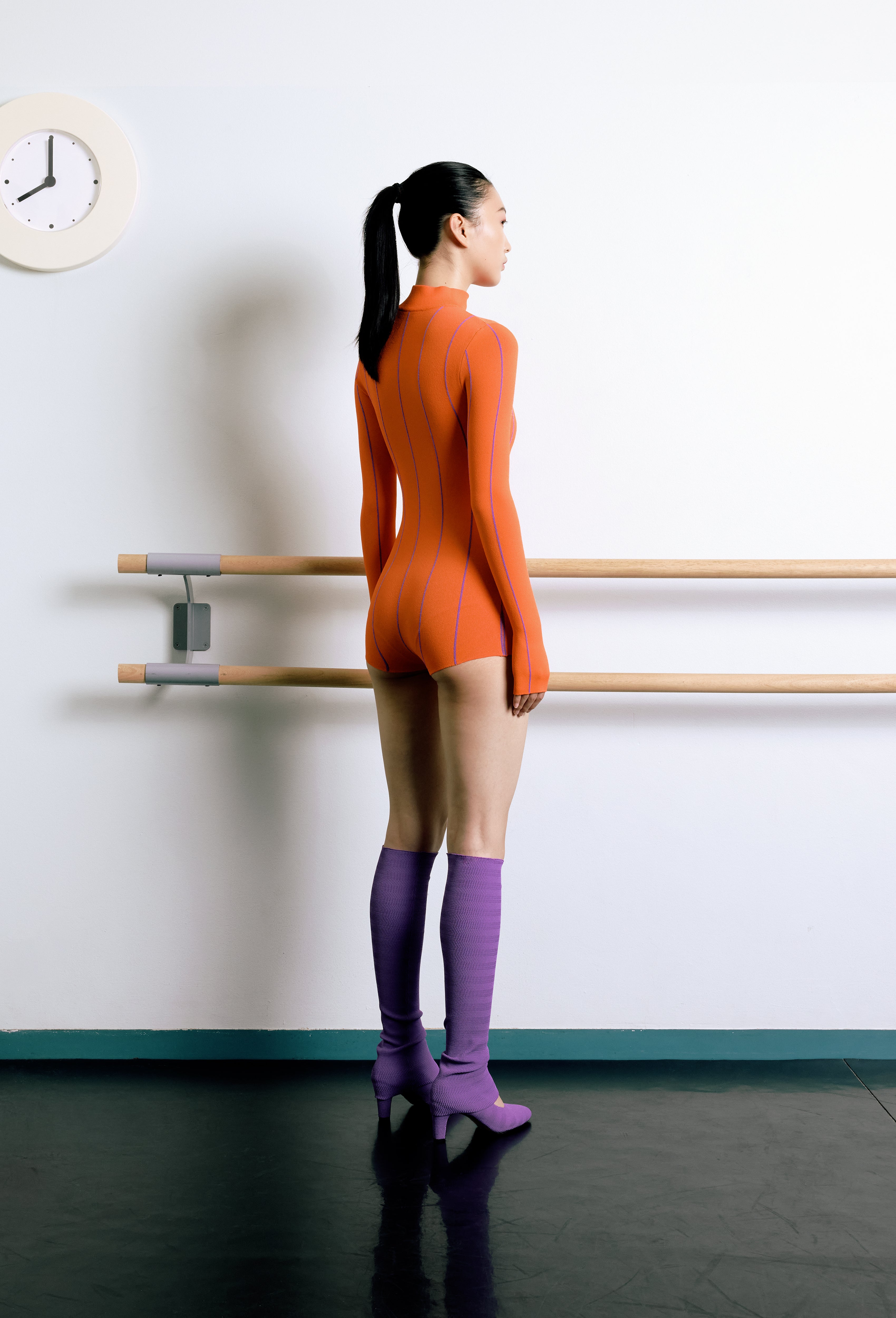 Knit Pin-striped Track bodysuit in Orange and Violet