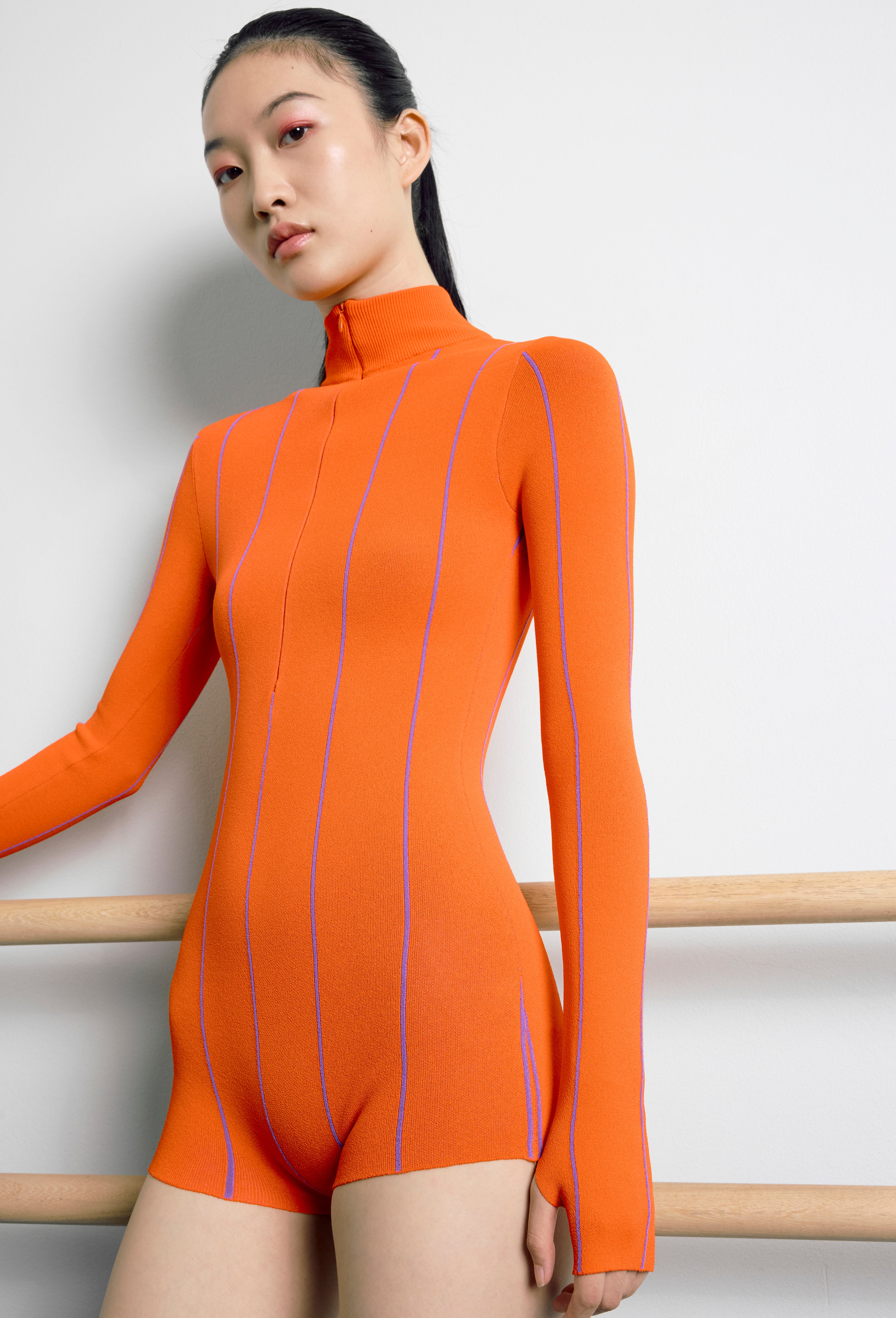 Knit Pin-striped Track bodysuit in Orange and Violet