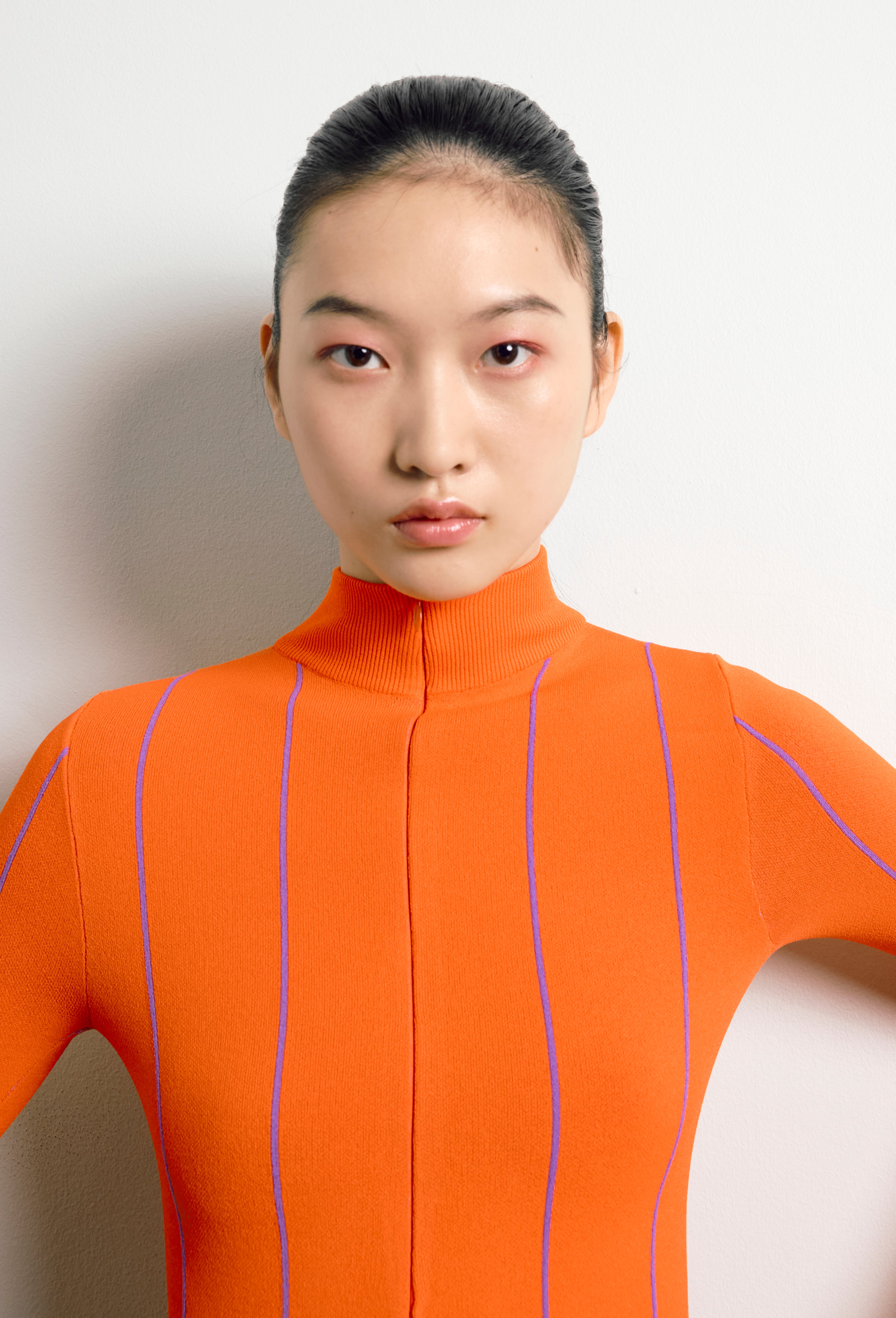 Knit Pin-striped Track bodysuit in Orange and Violet