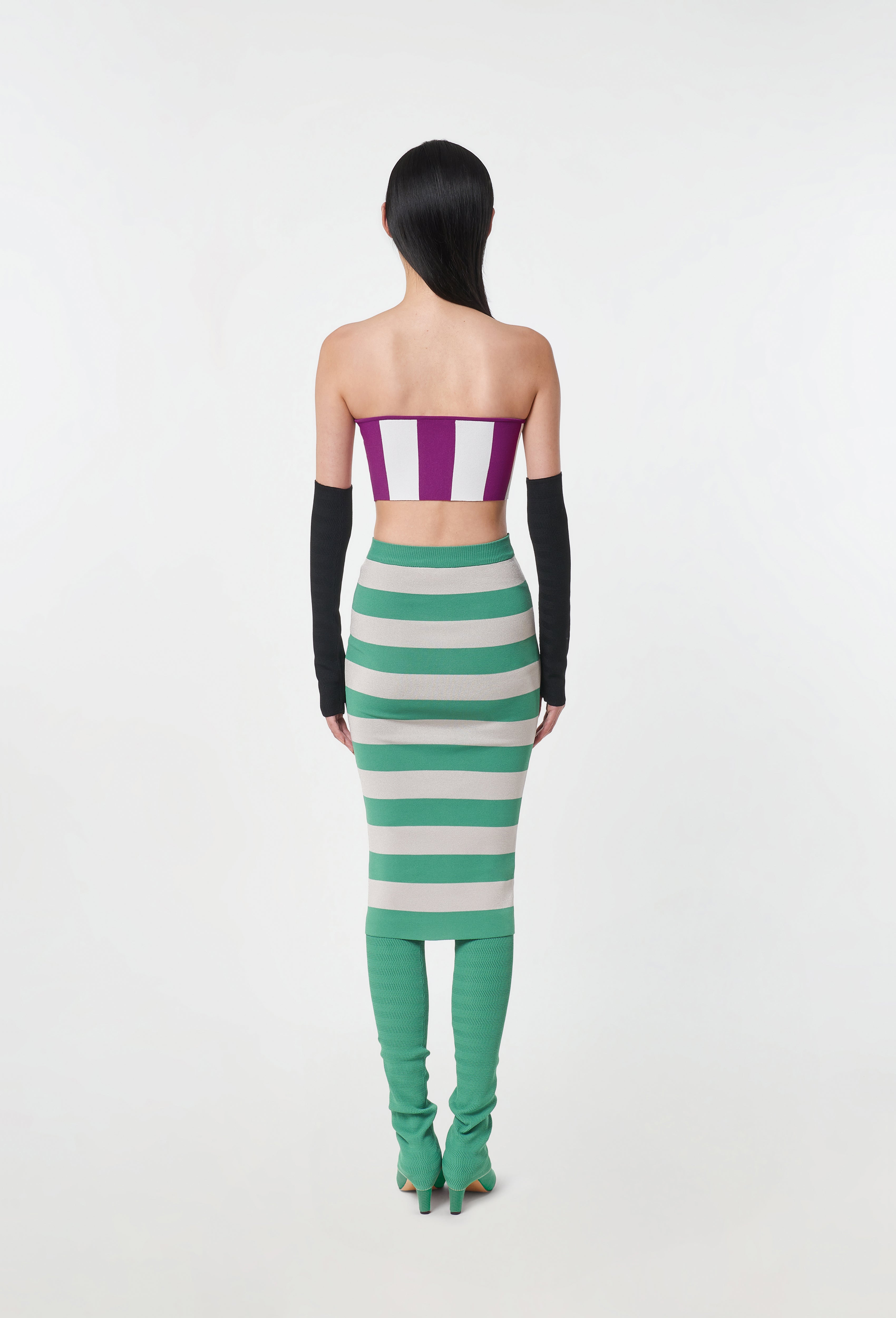 Knit Striped Midi Skirt in Green and Silver