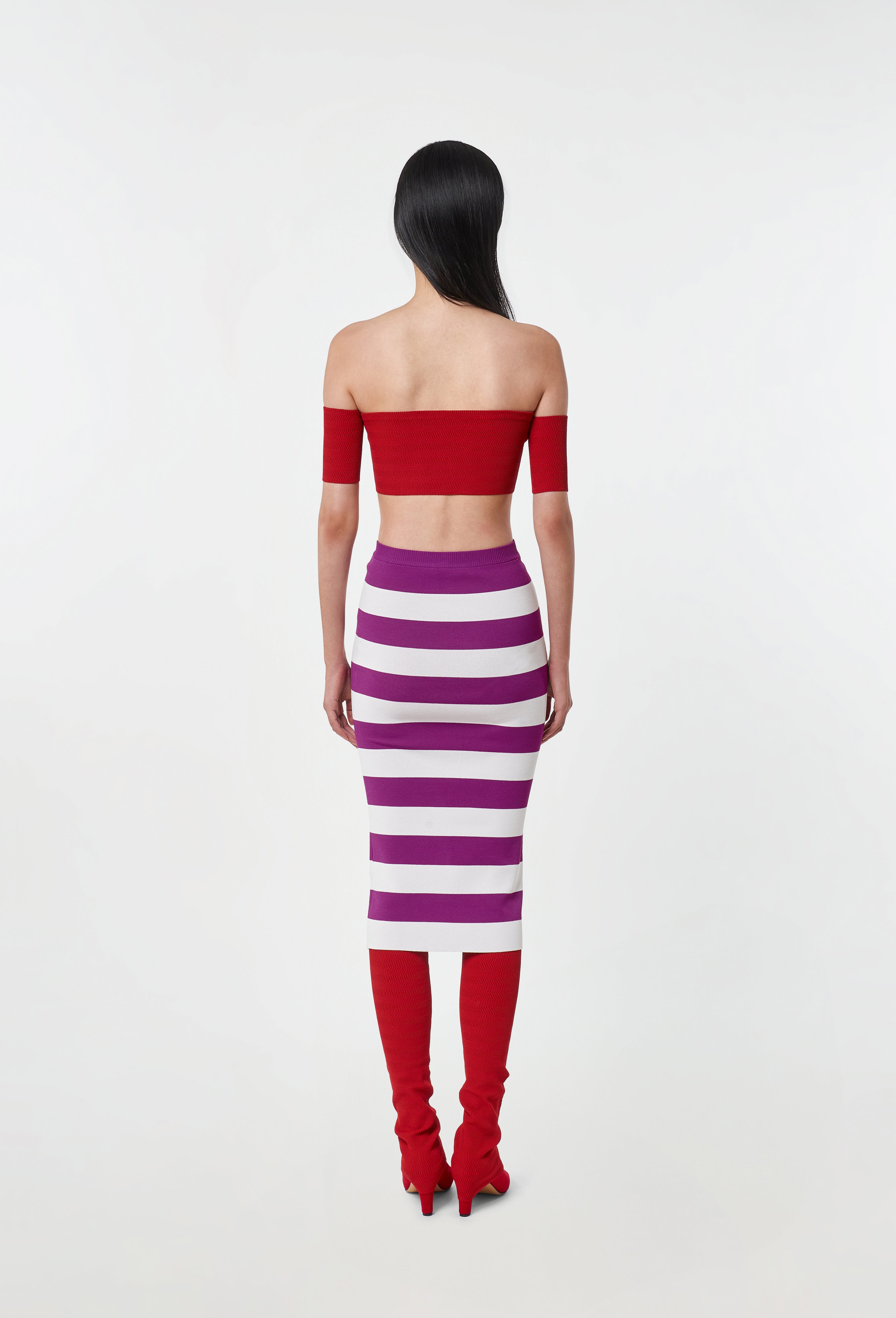 Knit Striped Midi Skirt in Cyclamen and White