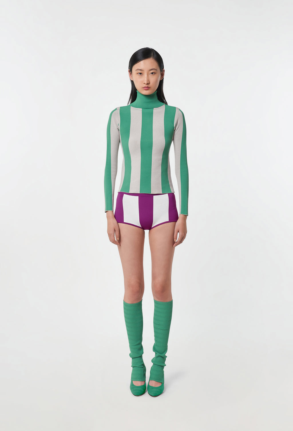 Knit Striped Turtleneck Top in Green and Silver