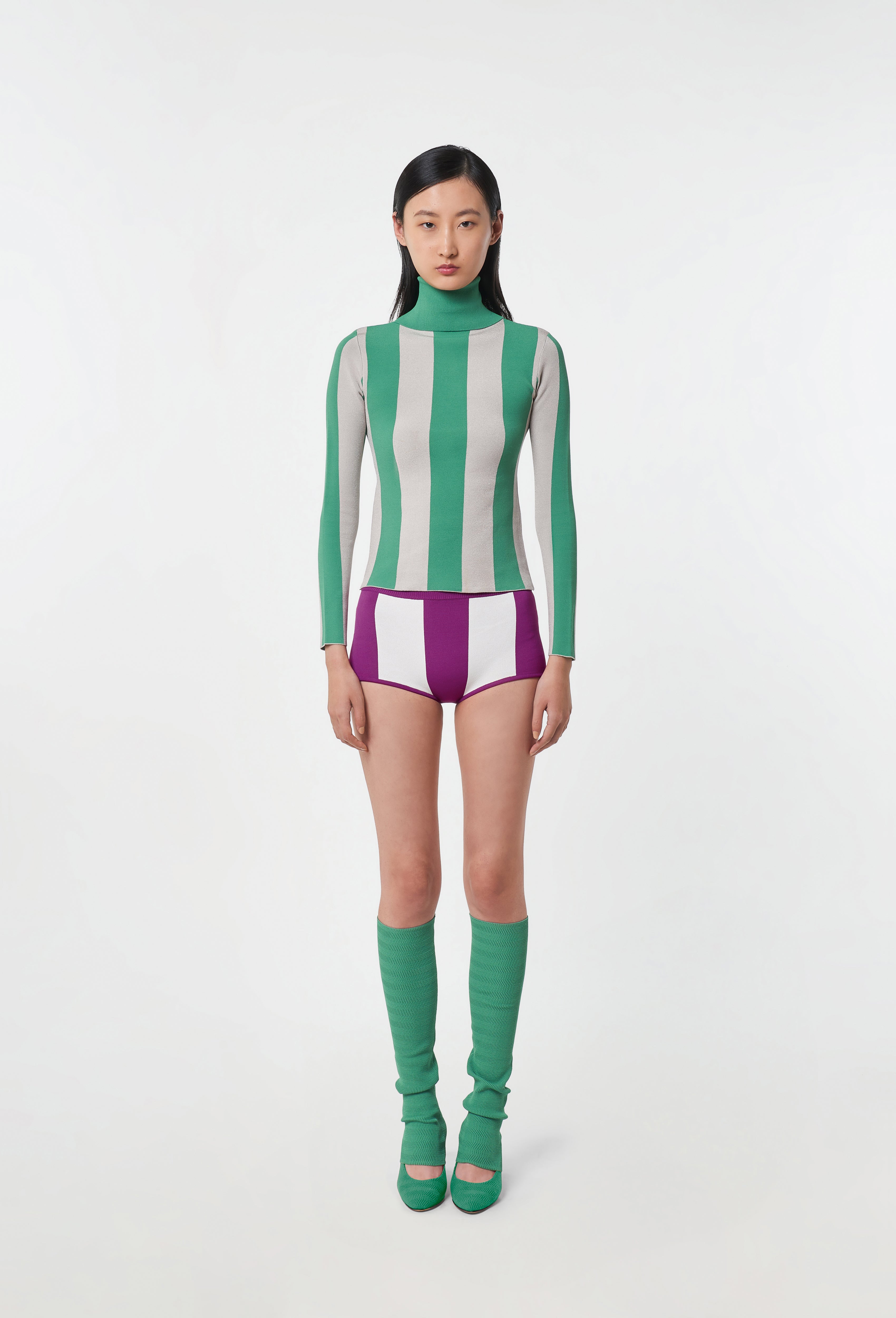 Knit Striped Turtleneck Top in Green and Silver