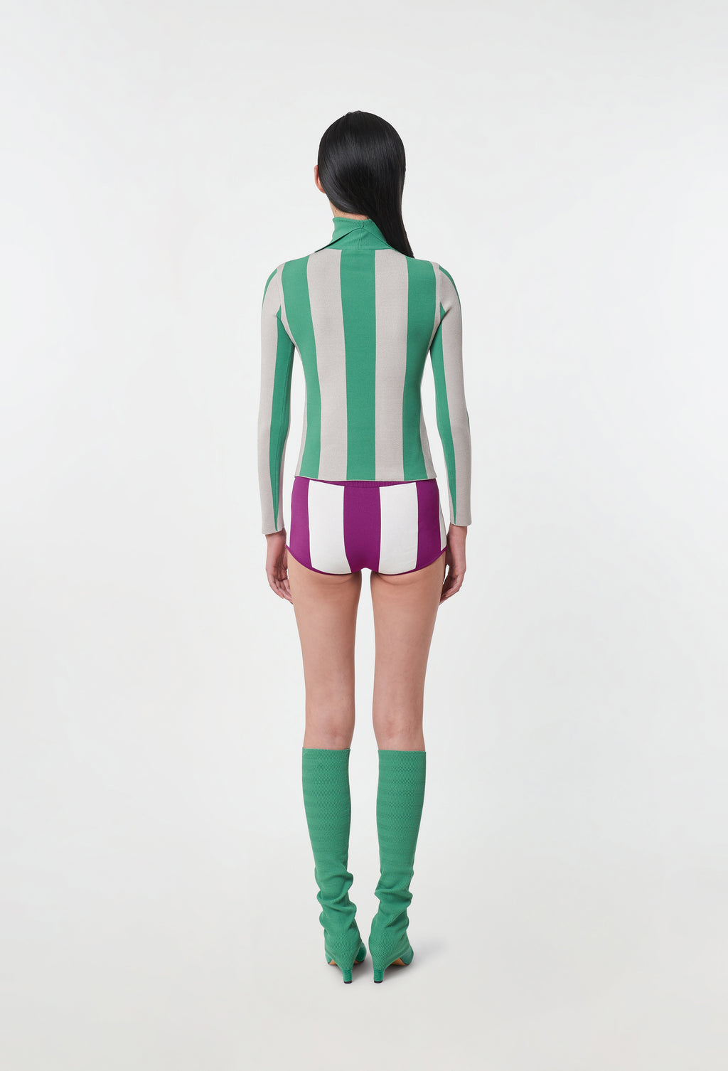 Knit Striped Turtleneck Top in Green and Silver