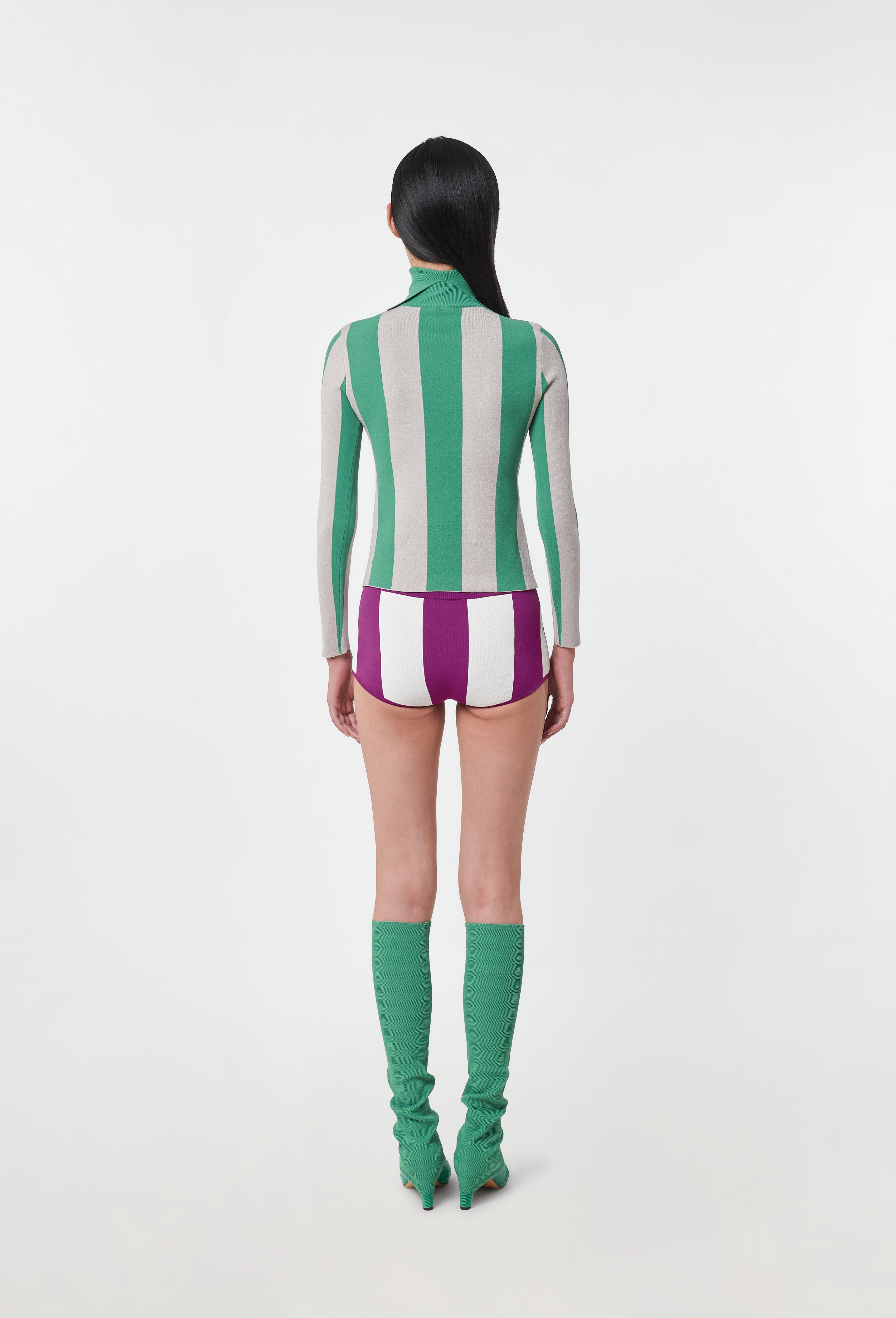 Knit Striped Turtleneck Top in Green and Silver