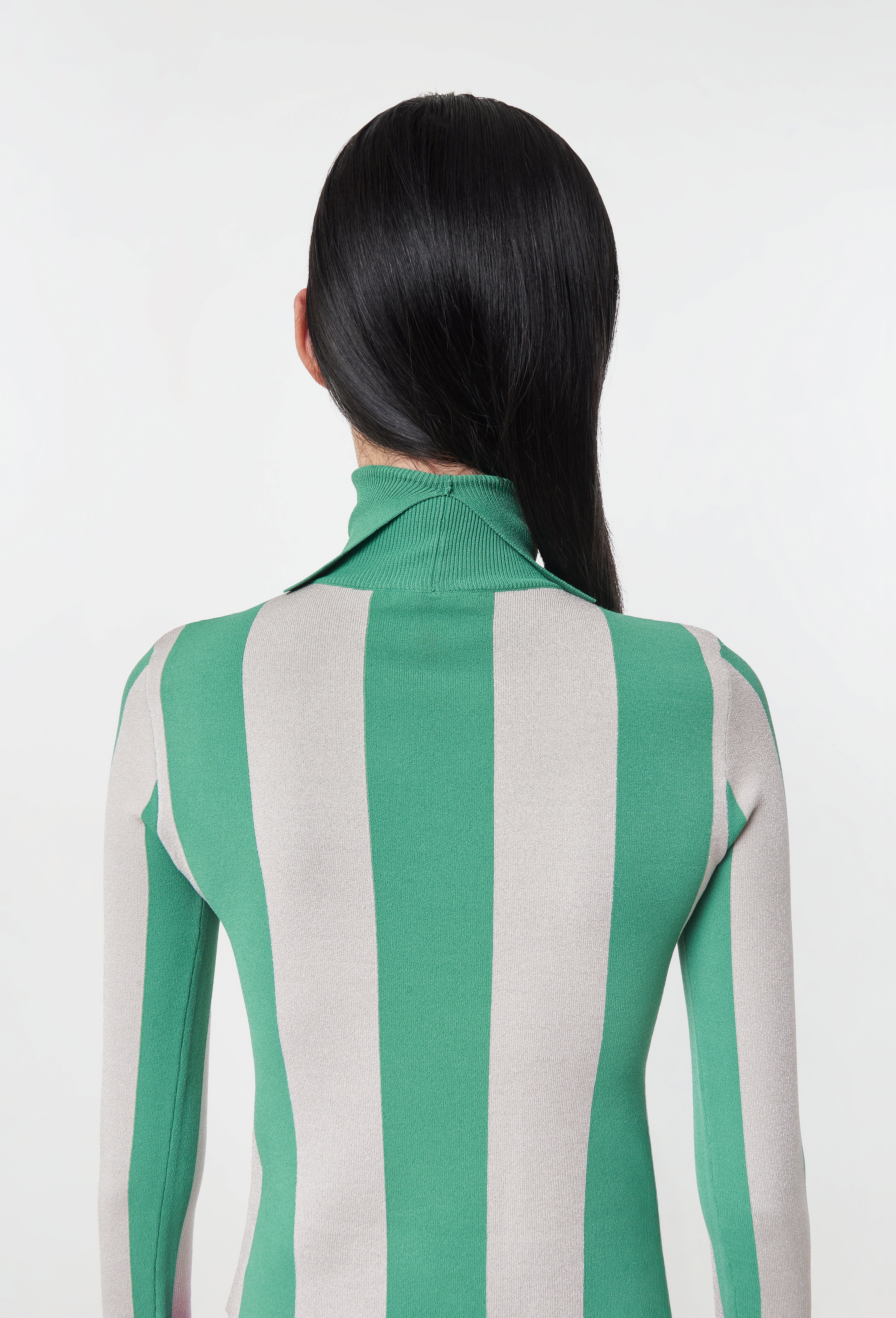 Knit Striped Turtleneck Top in Green and Silver