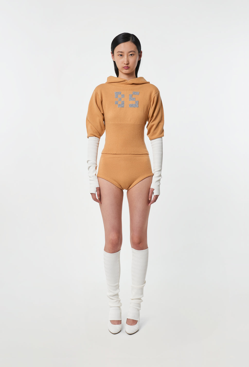 Knit High-waist Shorts in Camel